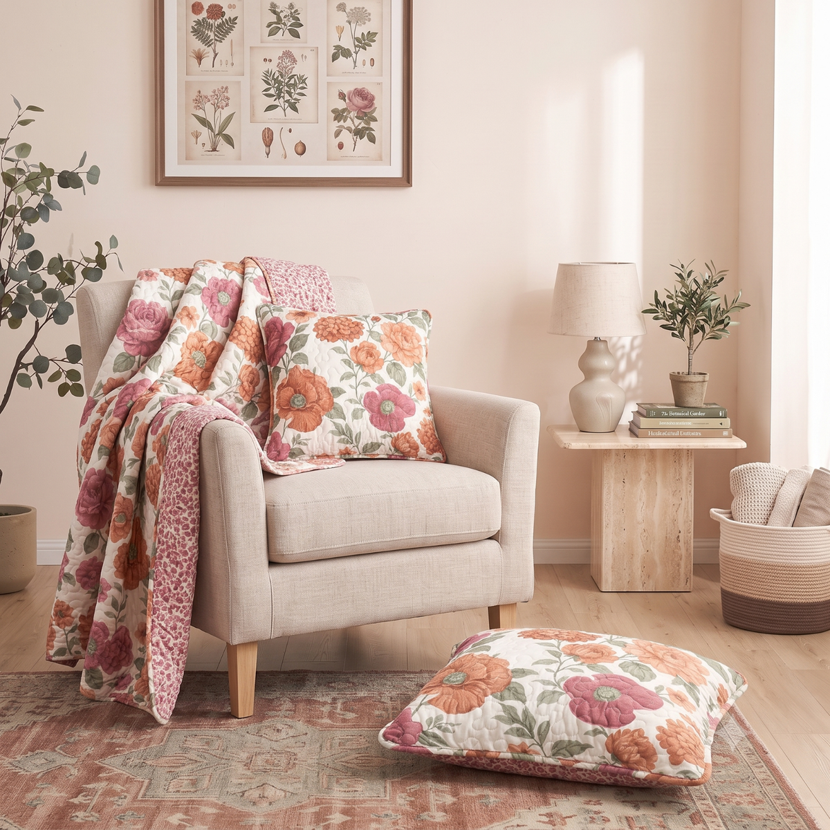 Vintage terracotta floral quilted throw blanket paired with matching accent pillow covers