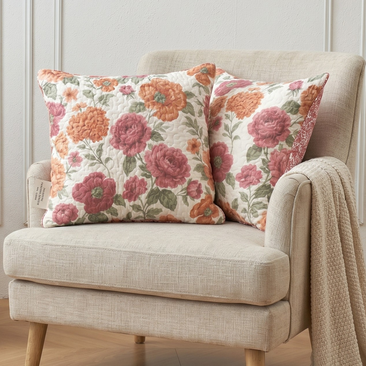 Vintage peach and terracotta floral throw pillow cushion cover with quilted rose print