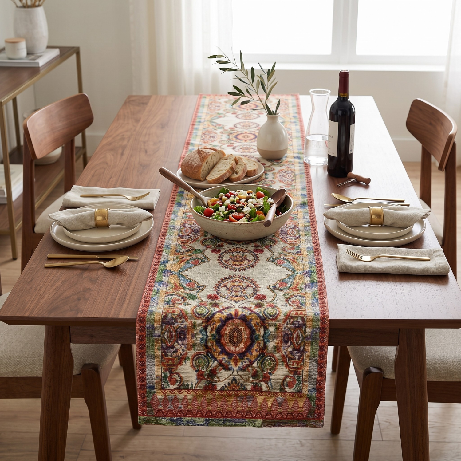 Vintage-style colorful ornate paisley fabric table runner centered on a wood dining table set with wine and bread
