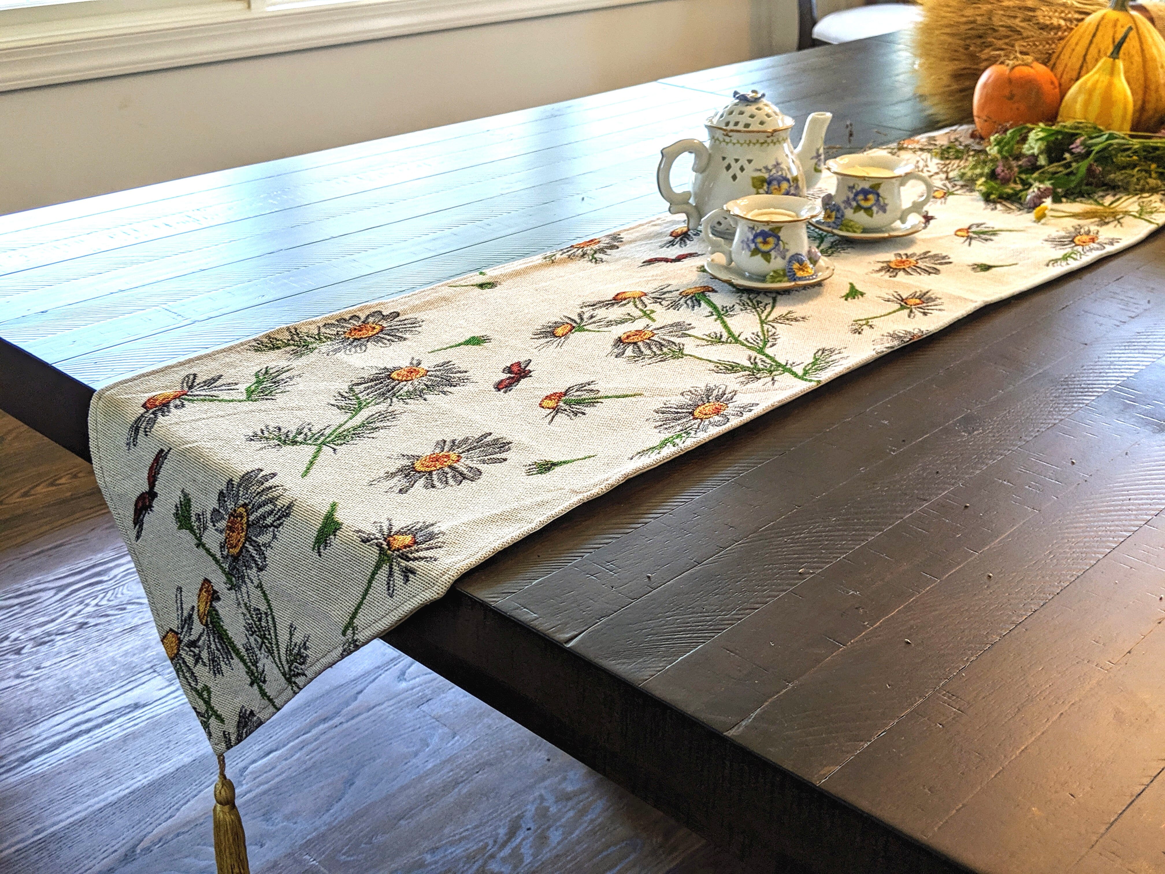 Tache Floral Yellow Daisies Ladybugs Ivory Woven Tapestry Table Runner (18114) - Tache Home Fashion