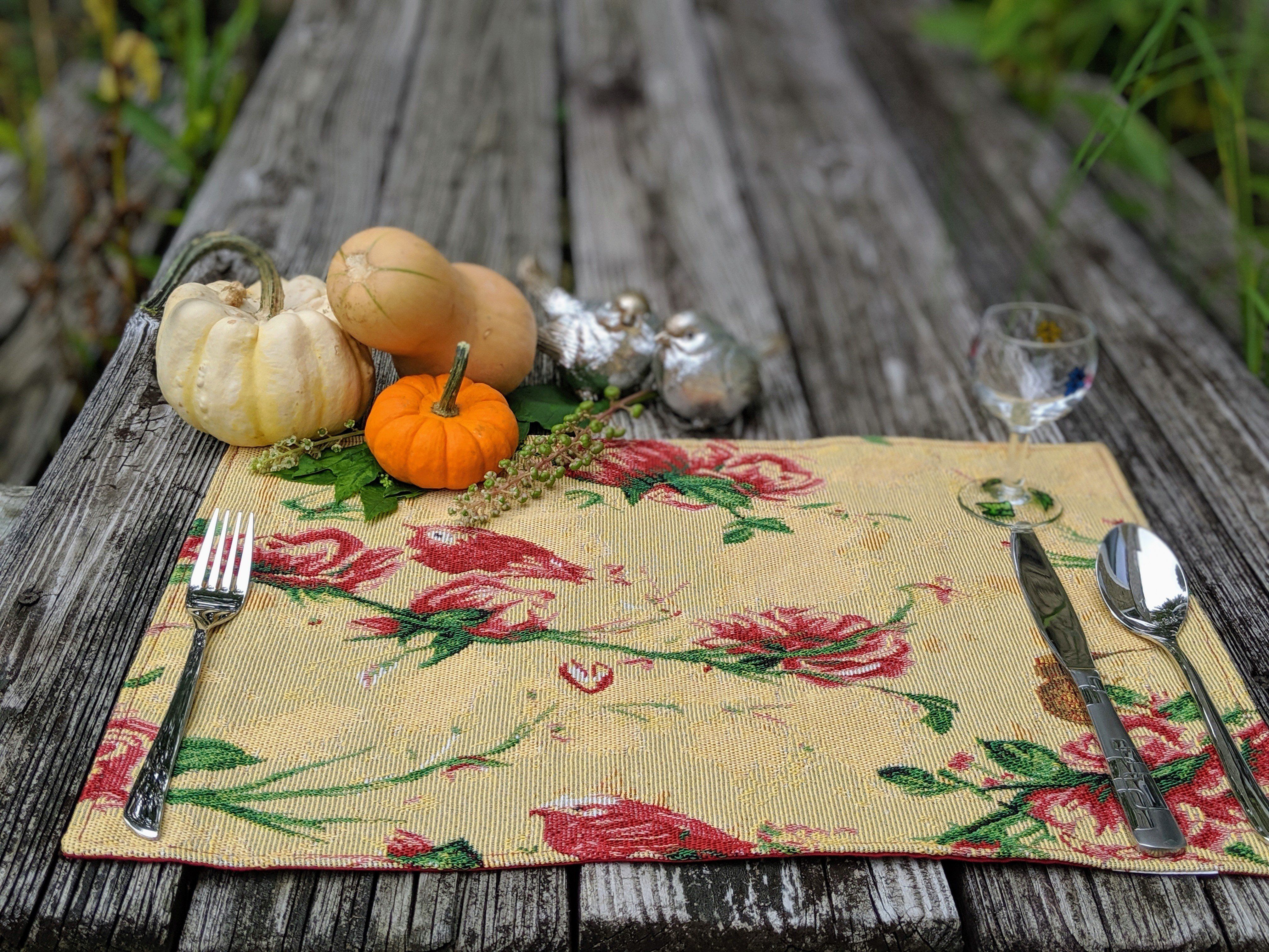 Tache Floral Red Roses Hummingbirds Golden Woven Tapestry Placemat Set (18115) - Tache Home Fashion