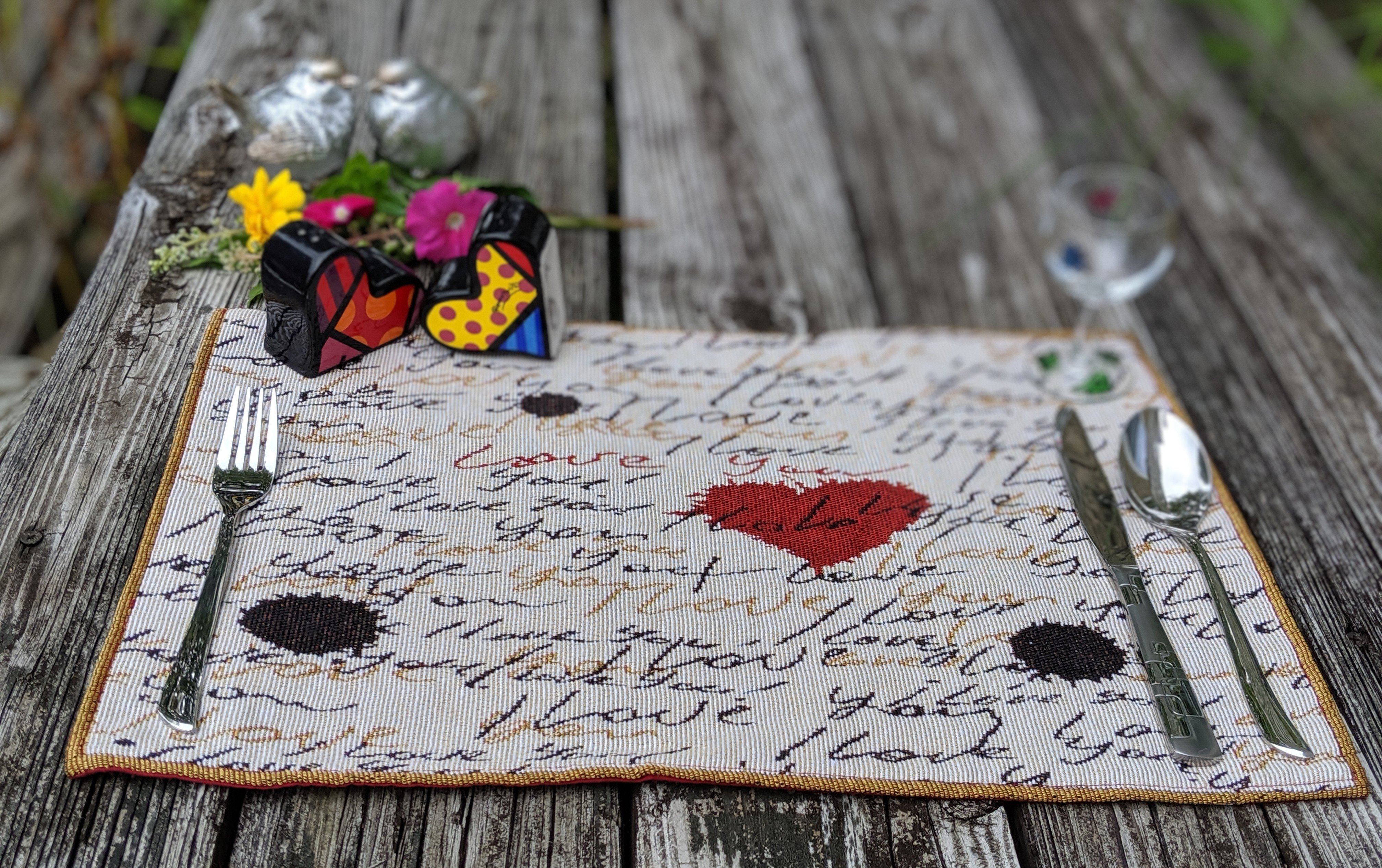 Tache Romantic Valentine’s Love Letter Beige Woven Tapestry Placemat Set (18111) - Tache Home Fashion