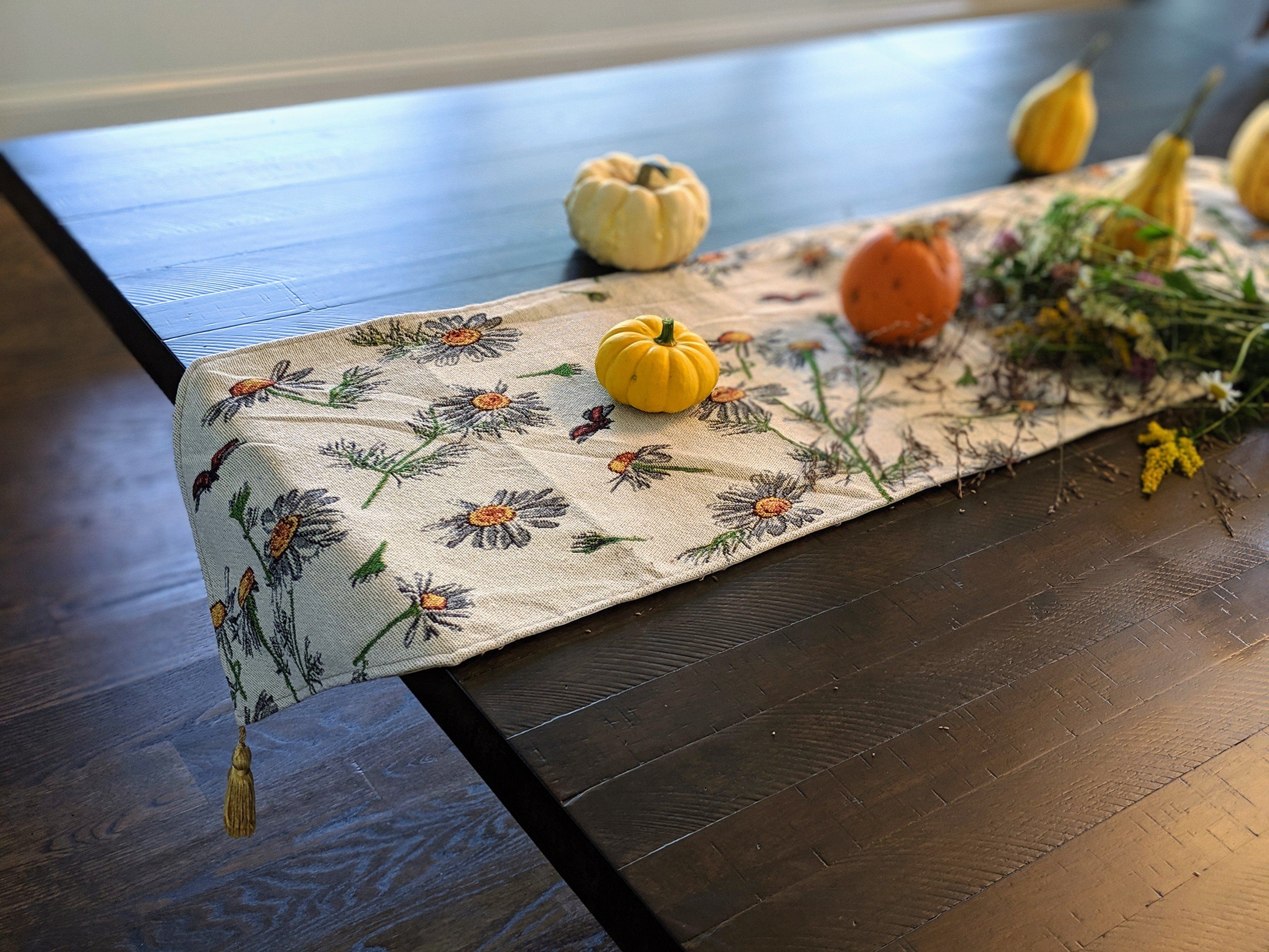 Tache Floral Yellow Daisies Ladybugs Ivory Woven Tapestry Table Runner (18114) - Tache Home Fashion