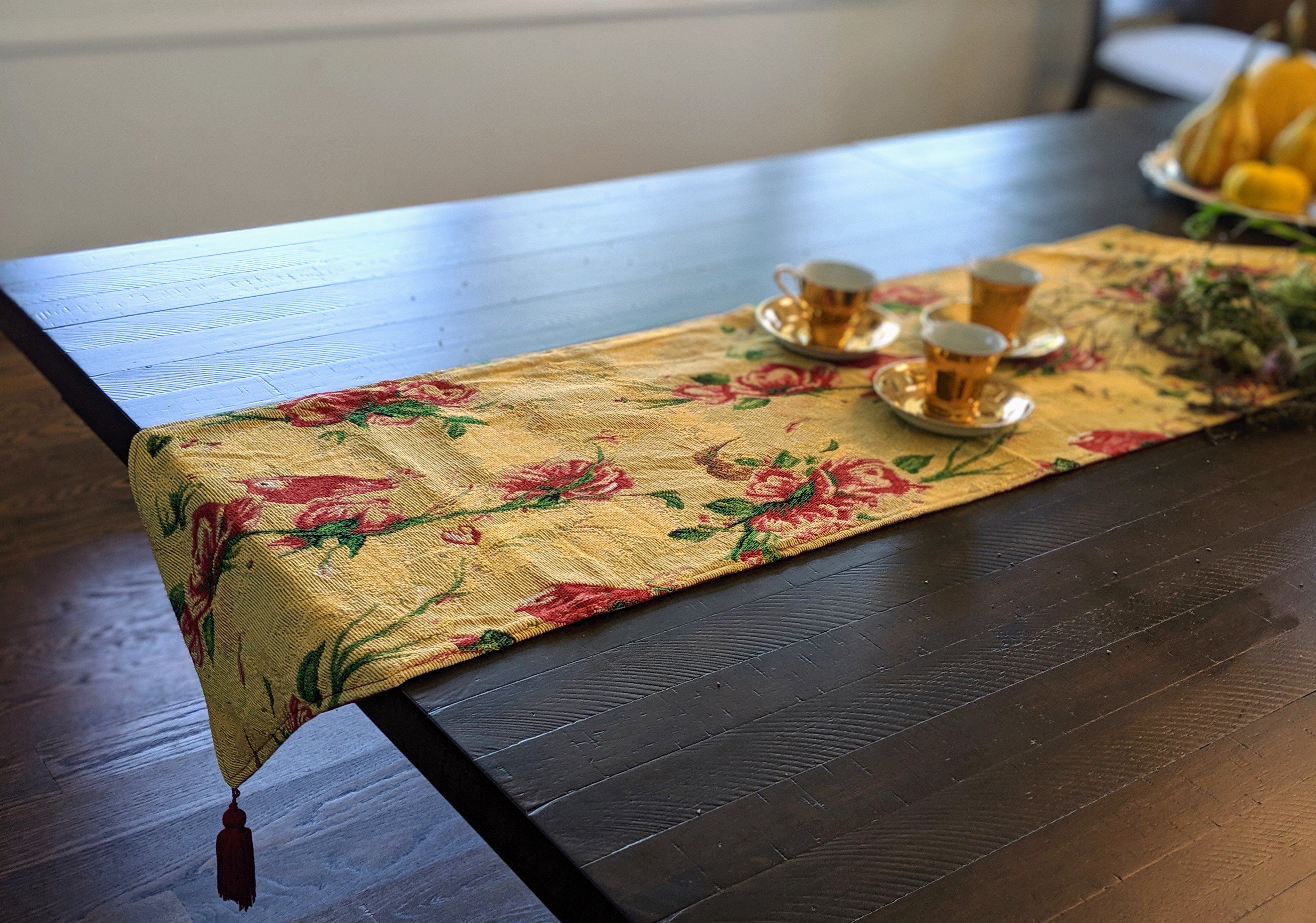 Tache Floral Red Roses Hummingbirds Golden Woven Tapestry Table Runner (18115) - Tache Home Fashion