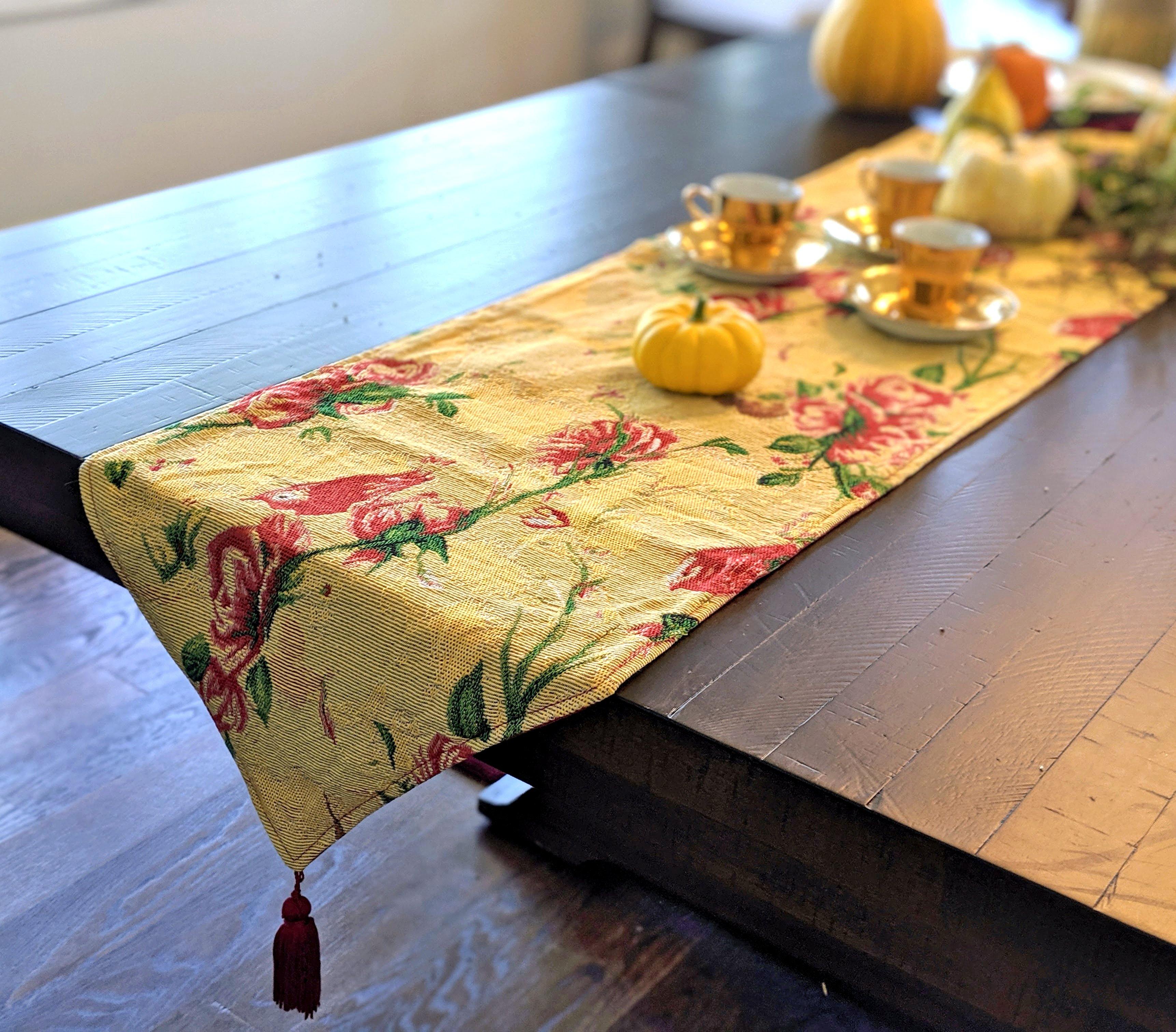 Tache Floral Red Roses Hummingbirds Golden Woven Tapestry Table Runner (18115) - Tache Home Fashion