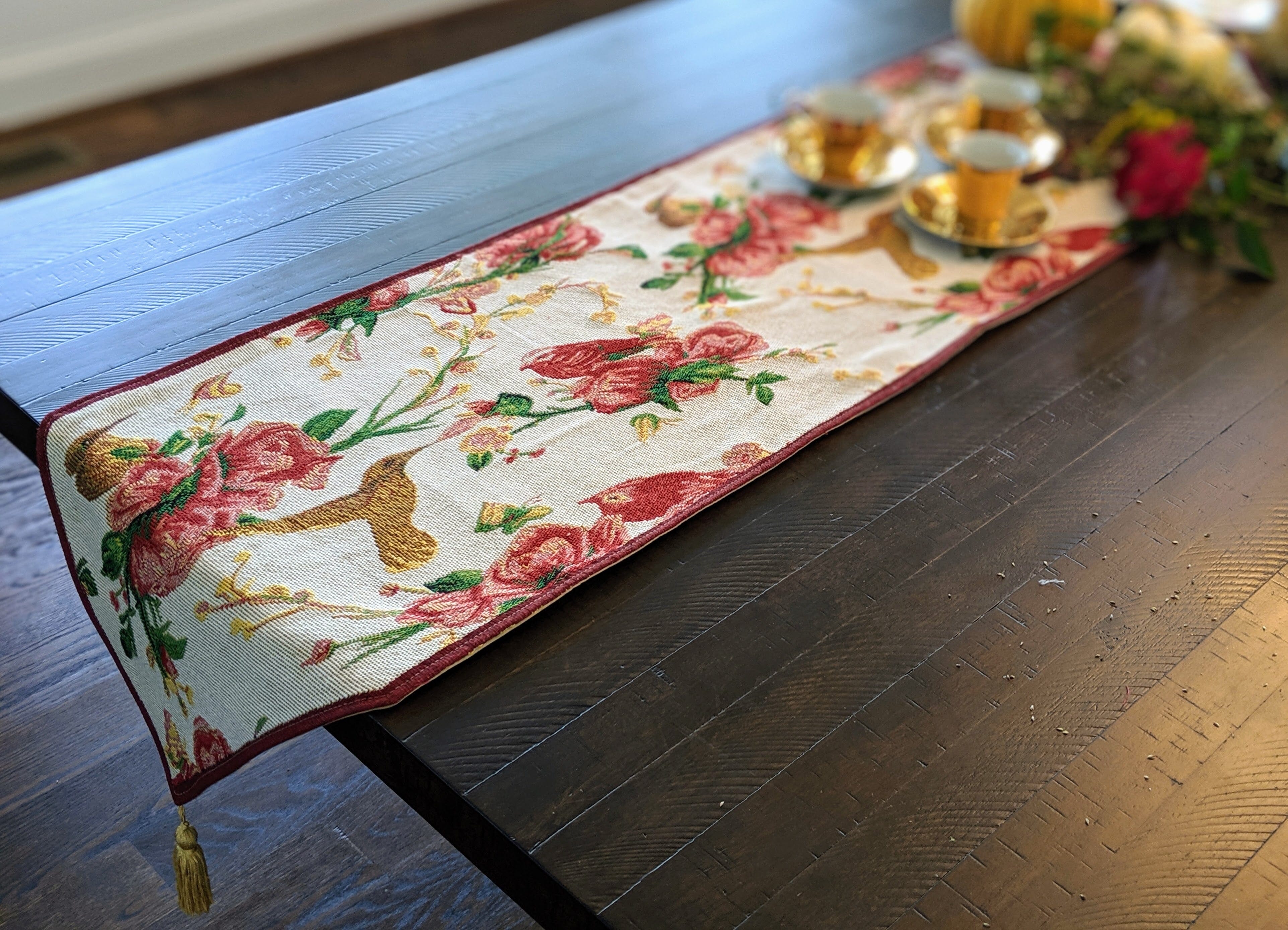 Tache Floral Red Roses Hummingbirds Ivory Woven Tapestry Table Runner (18109) - Tache Home Fashion