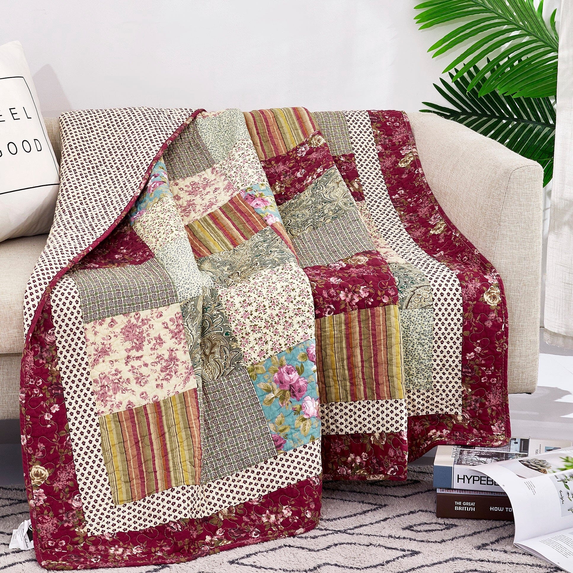 Tache Fairy Tale Tea Party Beige Burgundy Paisley Floral Cotton Patchwork Quilted Throw Blanket (DXJ103443) - Tache Home Fashion
