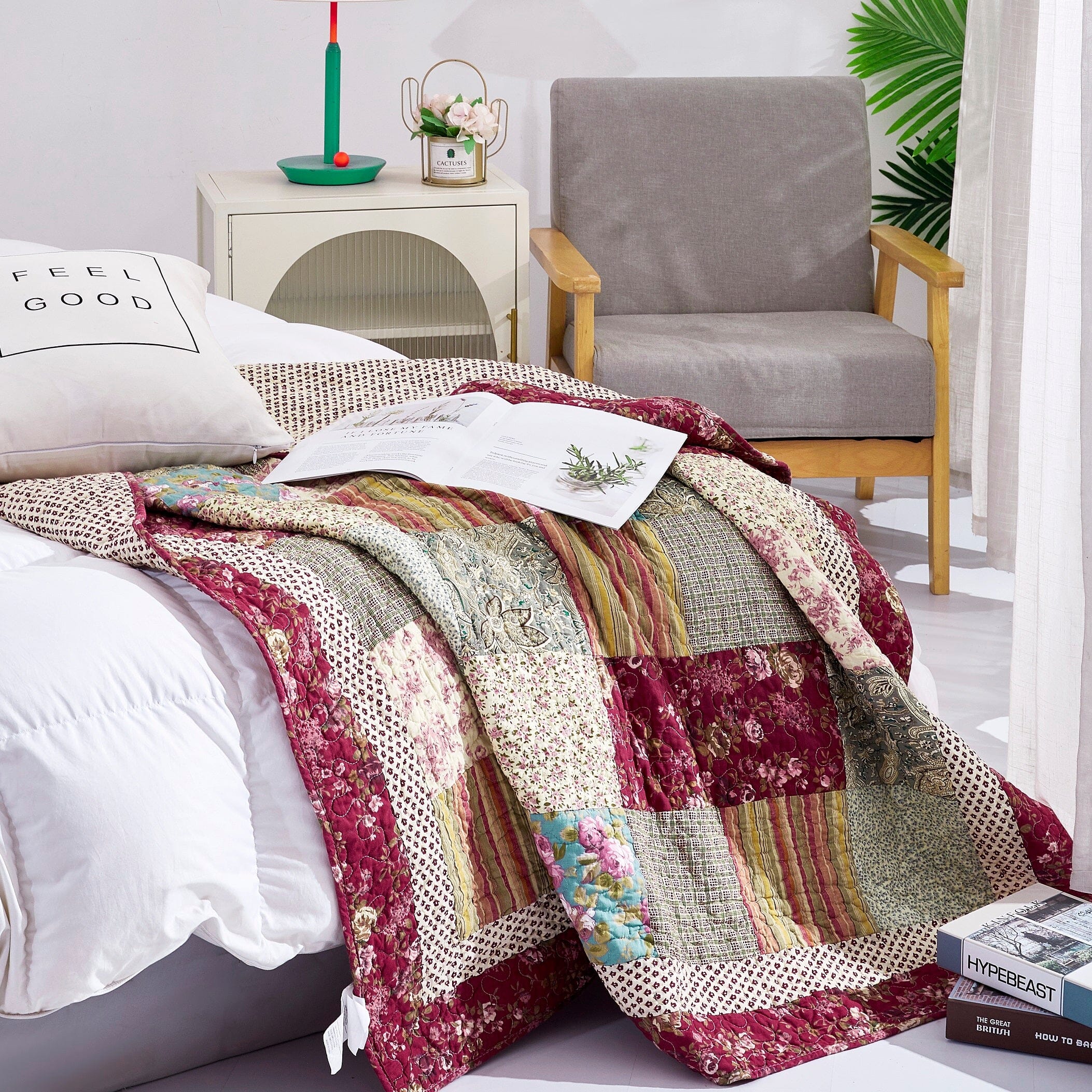 Tache Fairy Tale Tea Party Beige Burgundy Paisley Floral Cotton Patchwork Quilted Throw Blanket (DXJ103443) - Tache Home Fashion