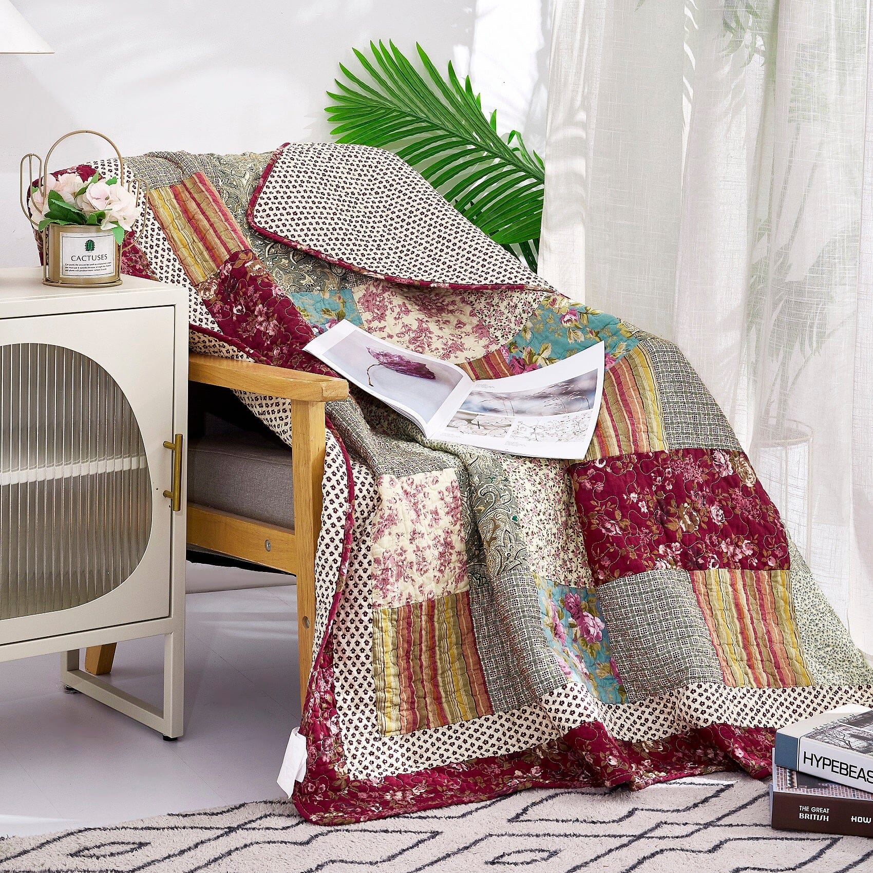 Tache Fairy Tale Tea Party Beige Burgundy Paisley Floral Cotton Patchwork Quilted Throw Blanket (DXJ103443) - Tache Home Fashion