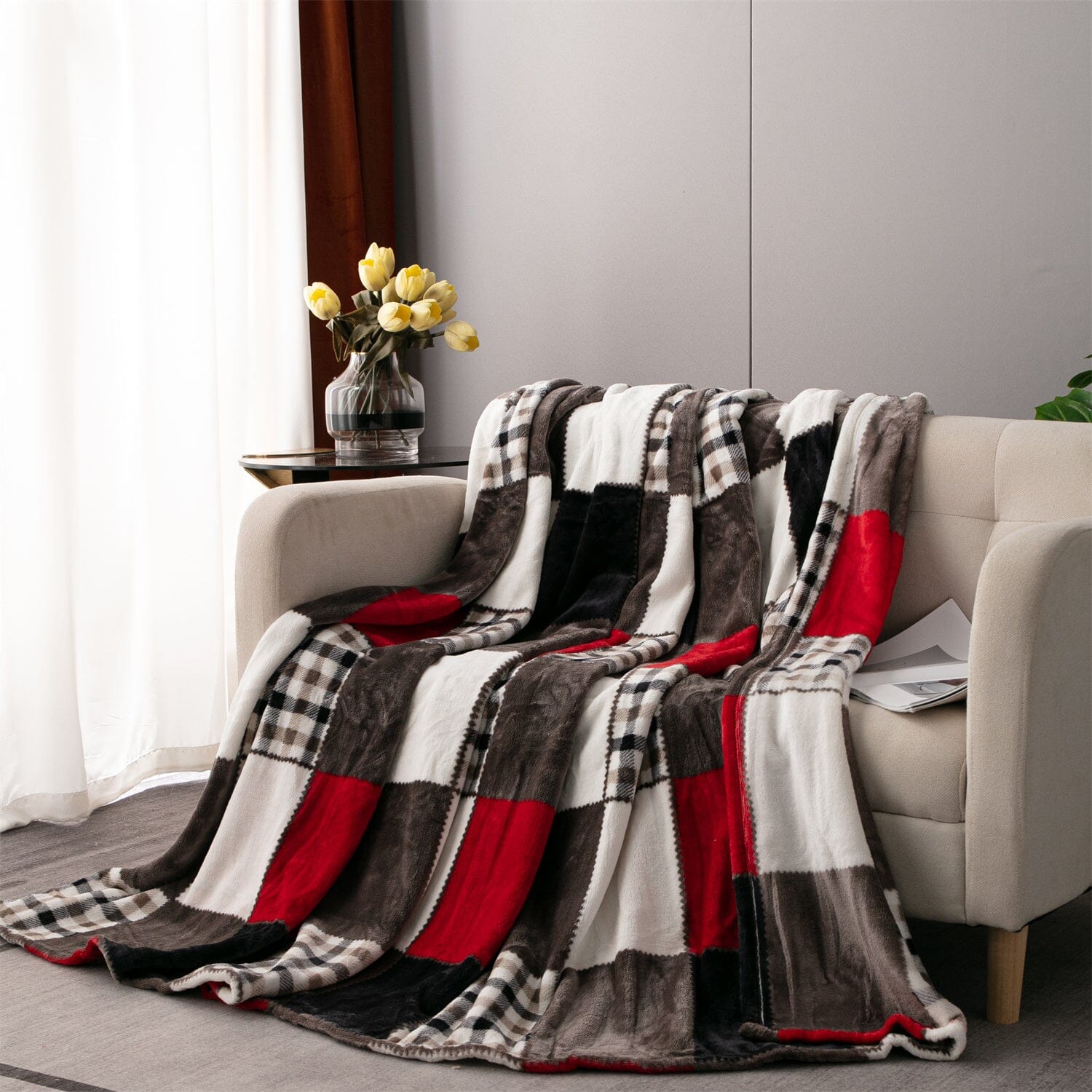 Tache Brown Red Sunset Maple Farmhouse Plaid Patchwork Throw Blanket 90x90 (4025) - Tache Home Fashion