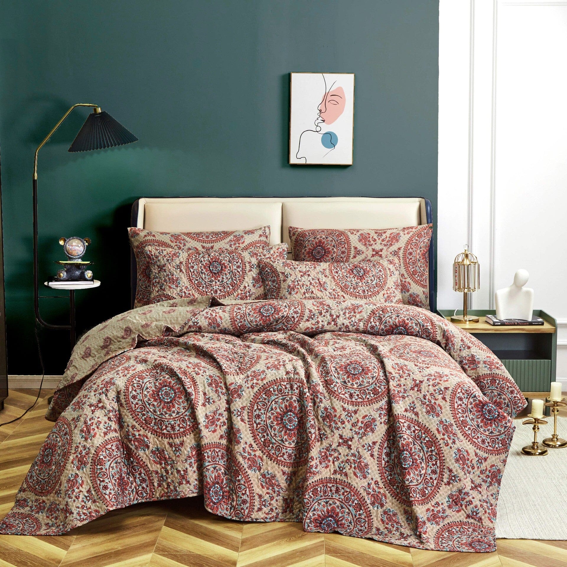 Tache Bohemian Desert Medallion Boteh Paisley Orange Blue Taupe Reversible Quilt Set (TJ3502) - Tache Home Fashion