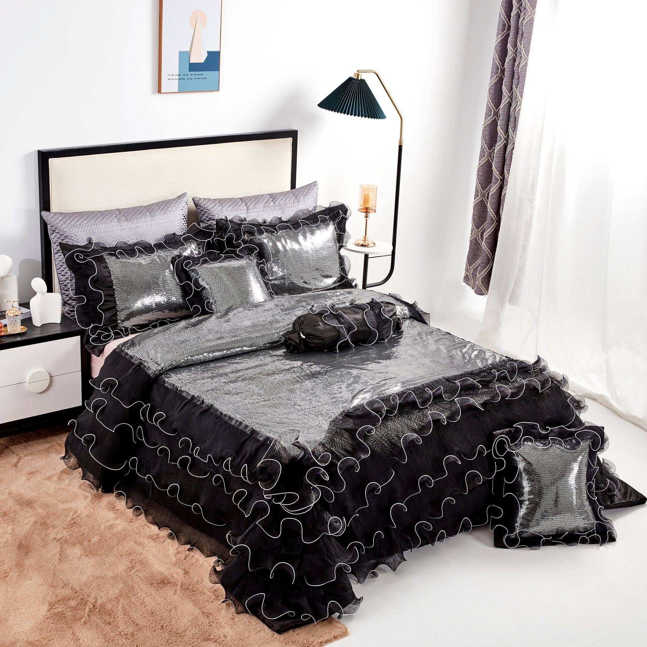 Tache Luxurious Glam Night Out Silver Sequin Black Organza Ruffle 6pc Comforter Set (1622) - Tache Home Fashion