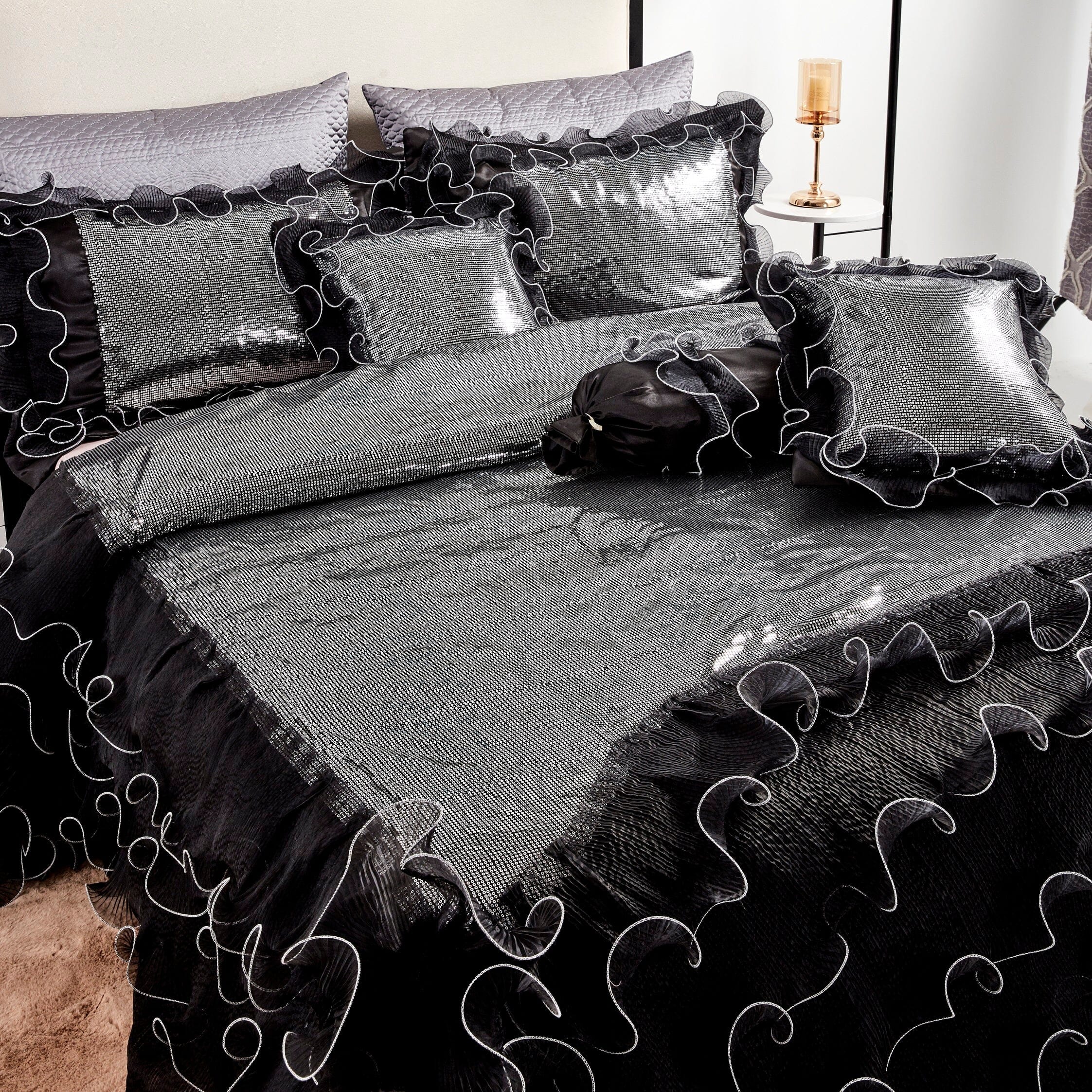 Tache Luxurious Glam Night Out Silver Sequin Black Organza Ruffle 6pc Comforter Set (1622) - Tache Home Fashion