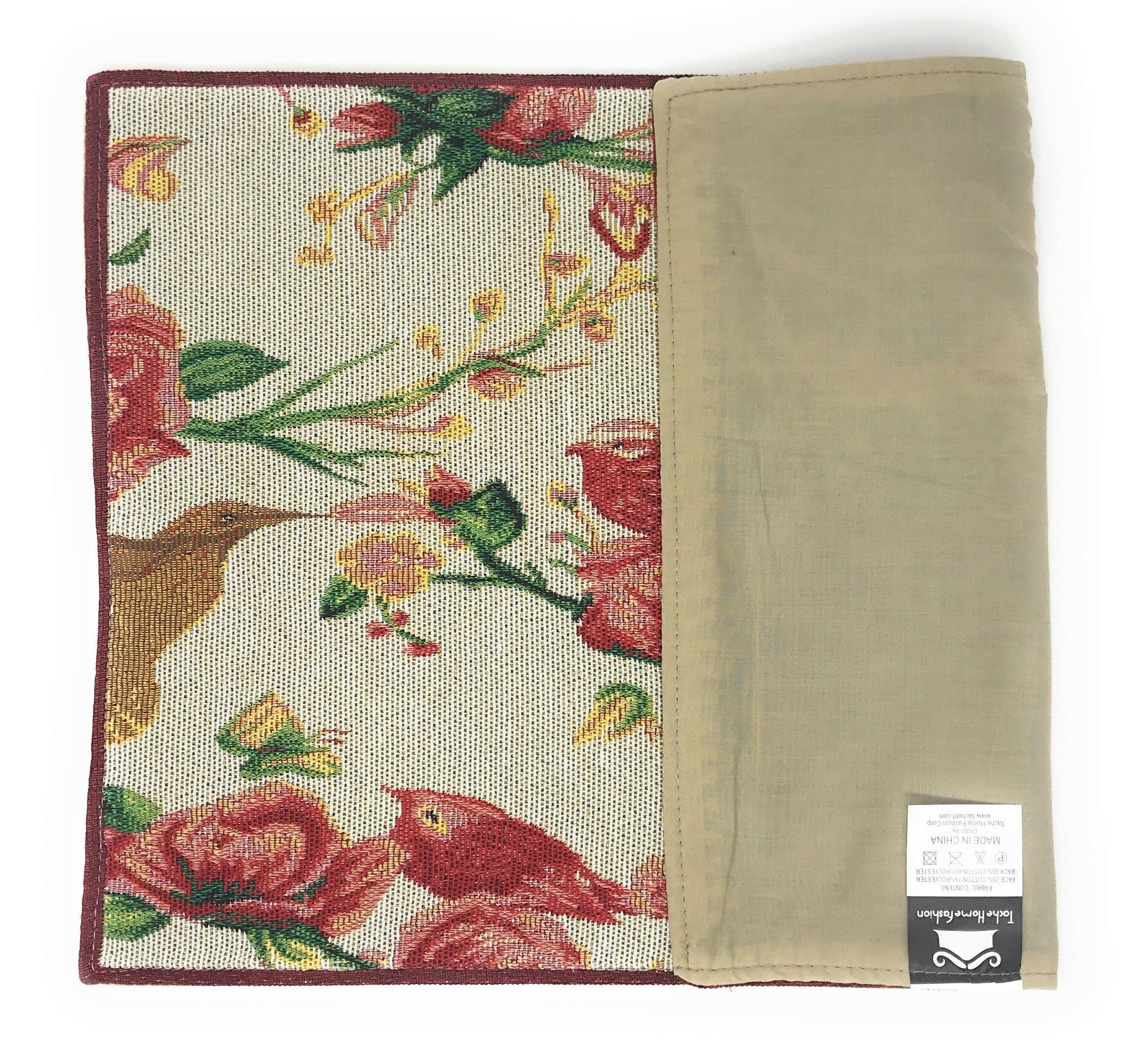 Tache Floral Red Roses Hummingbirds Woven Tapestry Placemat Set (18109) - Tache Home Fashion
