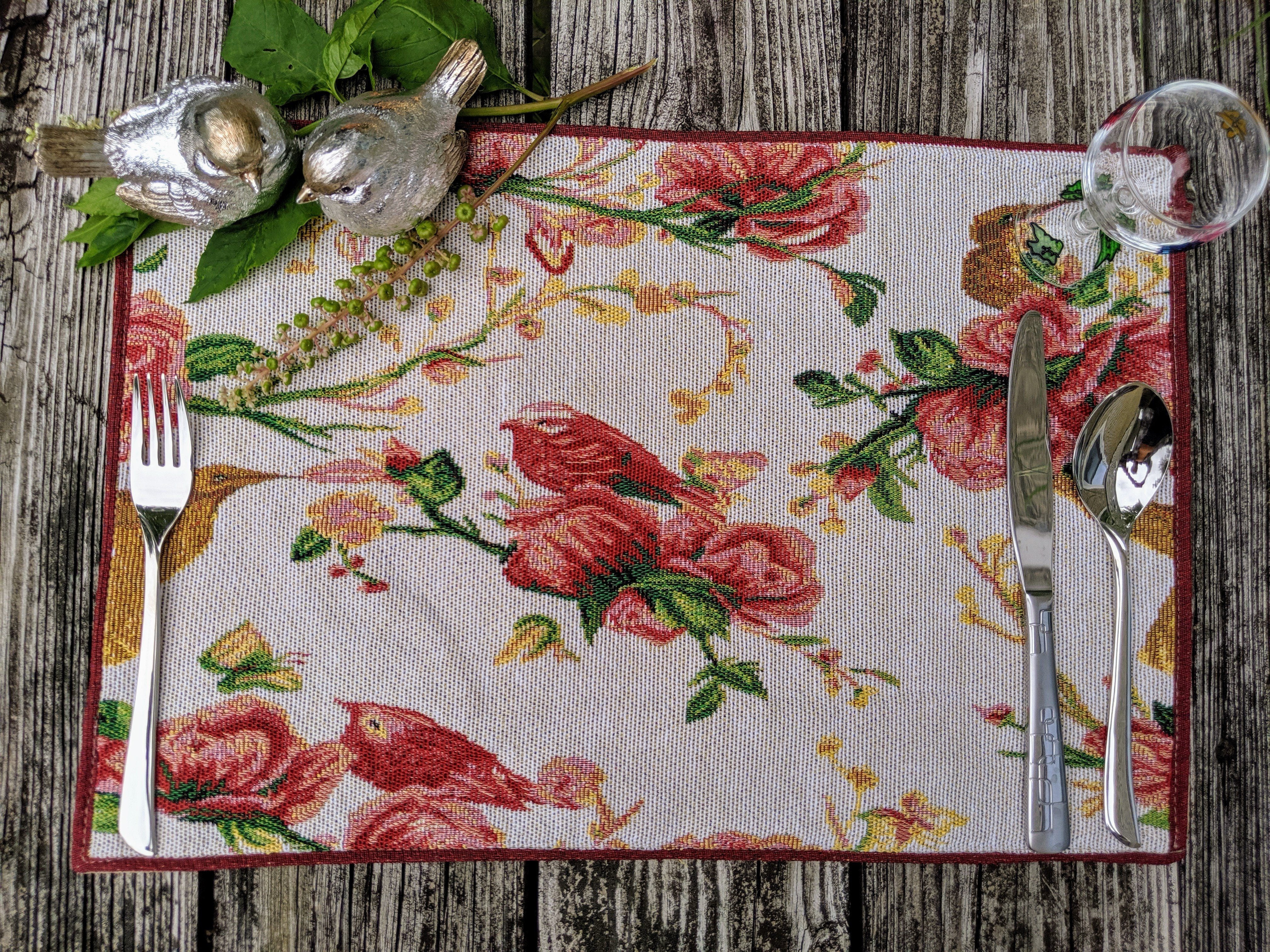 Tache Floral Red Roses Hummingbirds Woven Tapestry Placemat Set (18109) - Tache Home Fashion