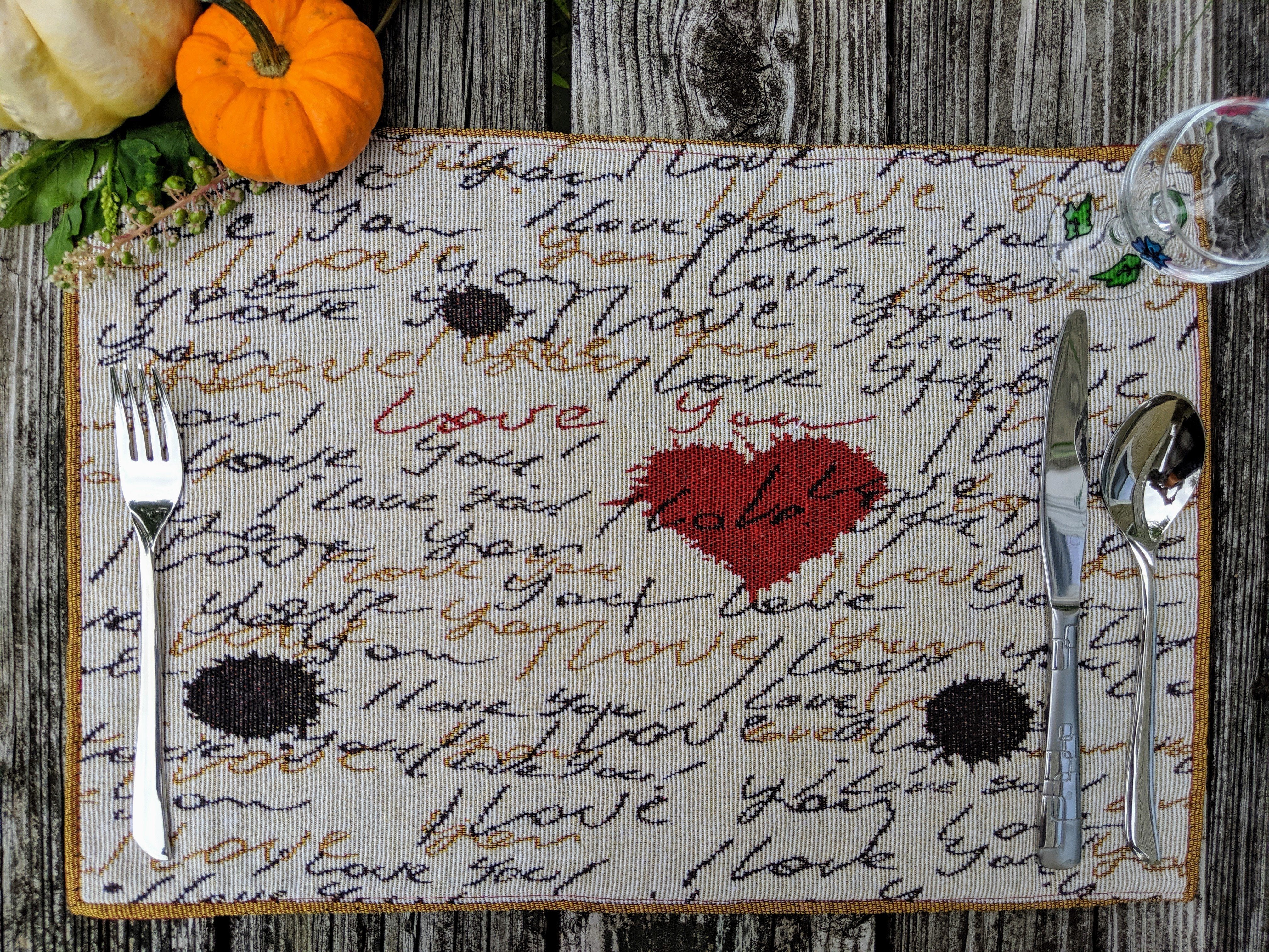 Tache Romantic Valentine’s Love Letter Beige Woven Tapestry Placemat Set (18111) - Tache Home Fashion