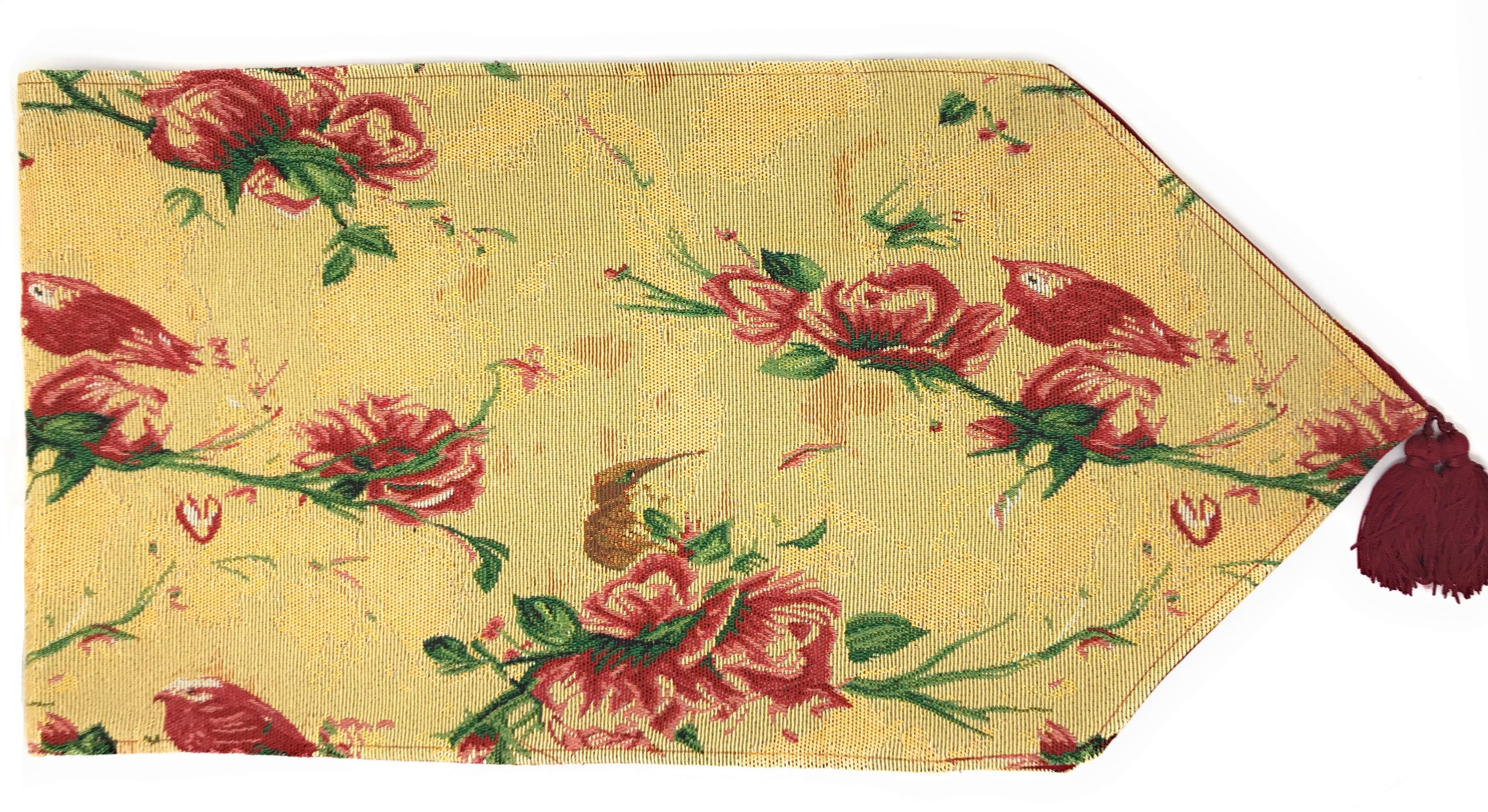 Tache Floral Red Roses Hummingbirds Golden Woven Tapestry Table Runner (18115) - Tache Home Fashion