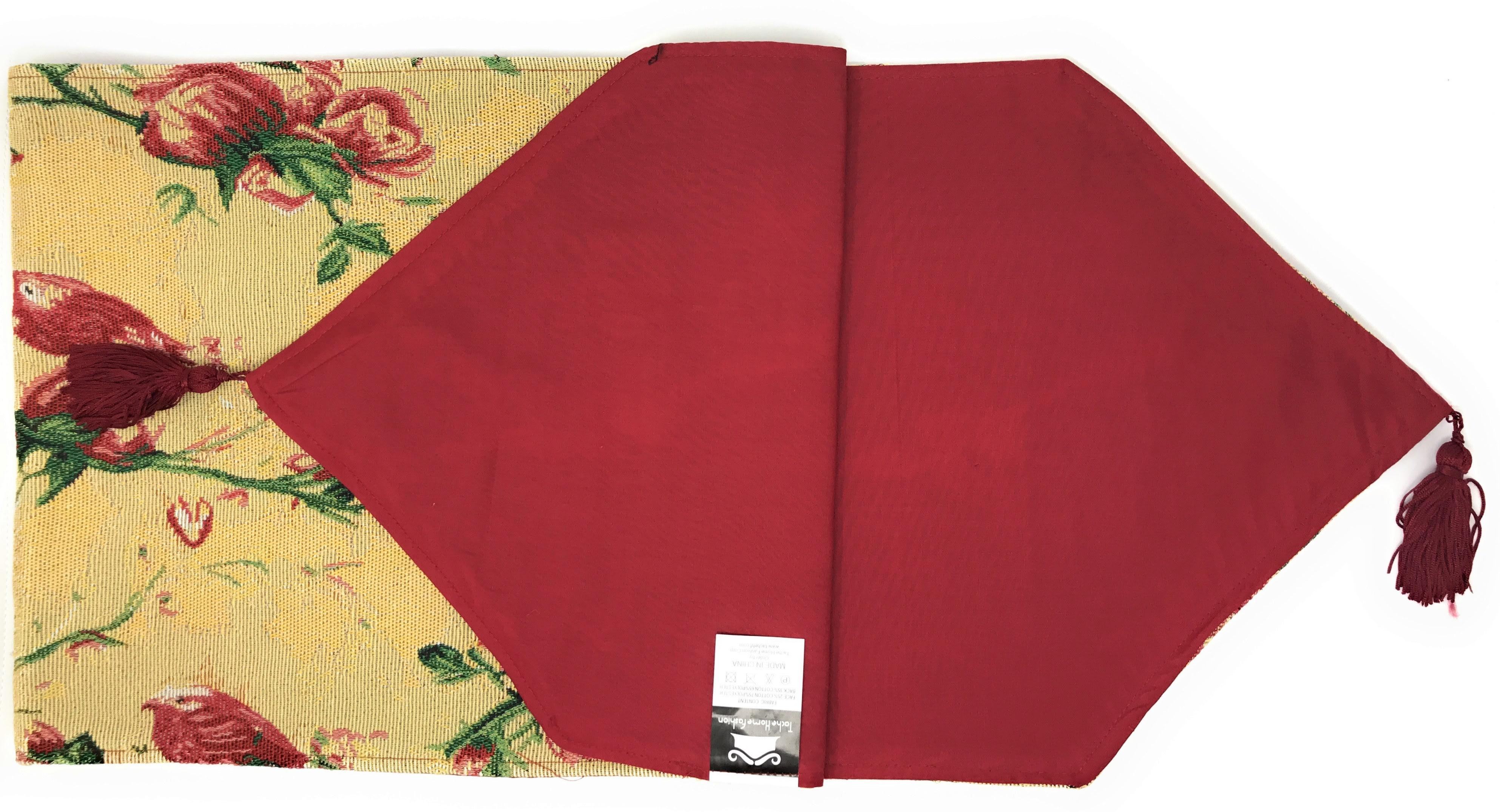Tache Floral Red Roses Hummingbirds Golden Woven Tapestry Table Runner (18115) - Tache Home Fashion