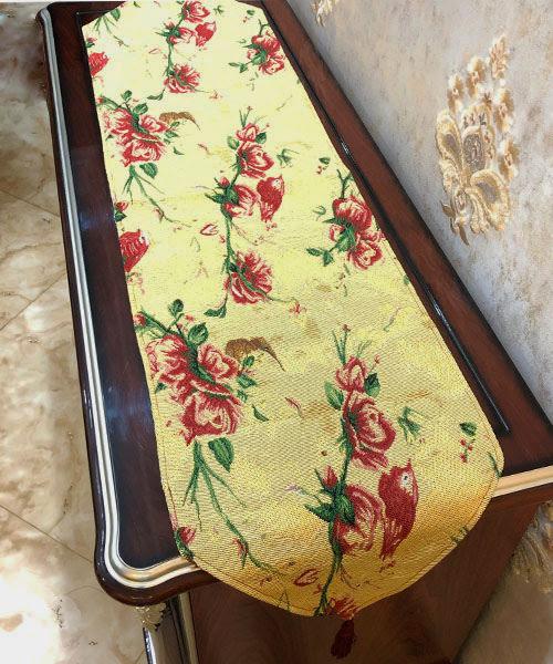Tache Floral Red Roses Hummingbirds Golden Woven Tapestry Table Runner (18115) - Tache Home Fashion