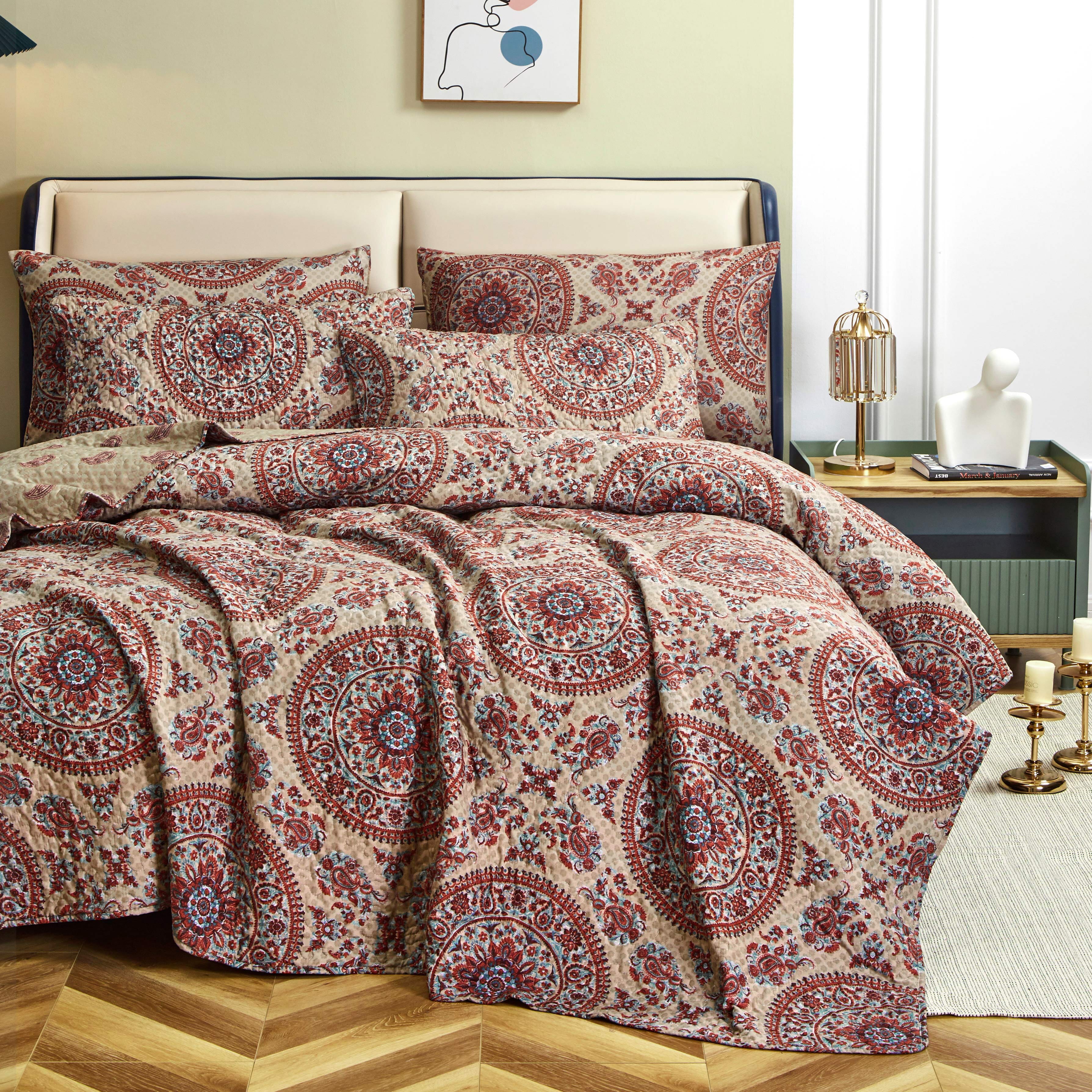 Tache Bohemian Desert Medallion Boteh Paisley Orange Blue Taupe Reversible Quilt Set (TJ3502) - Tache Home Fashion