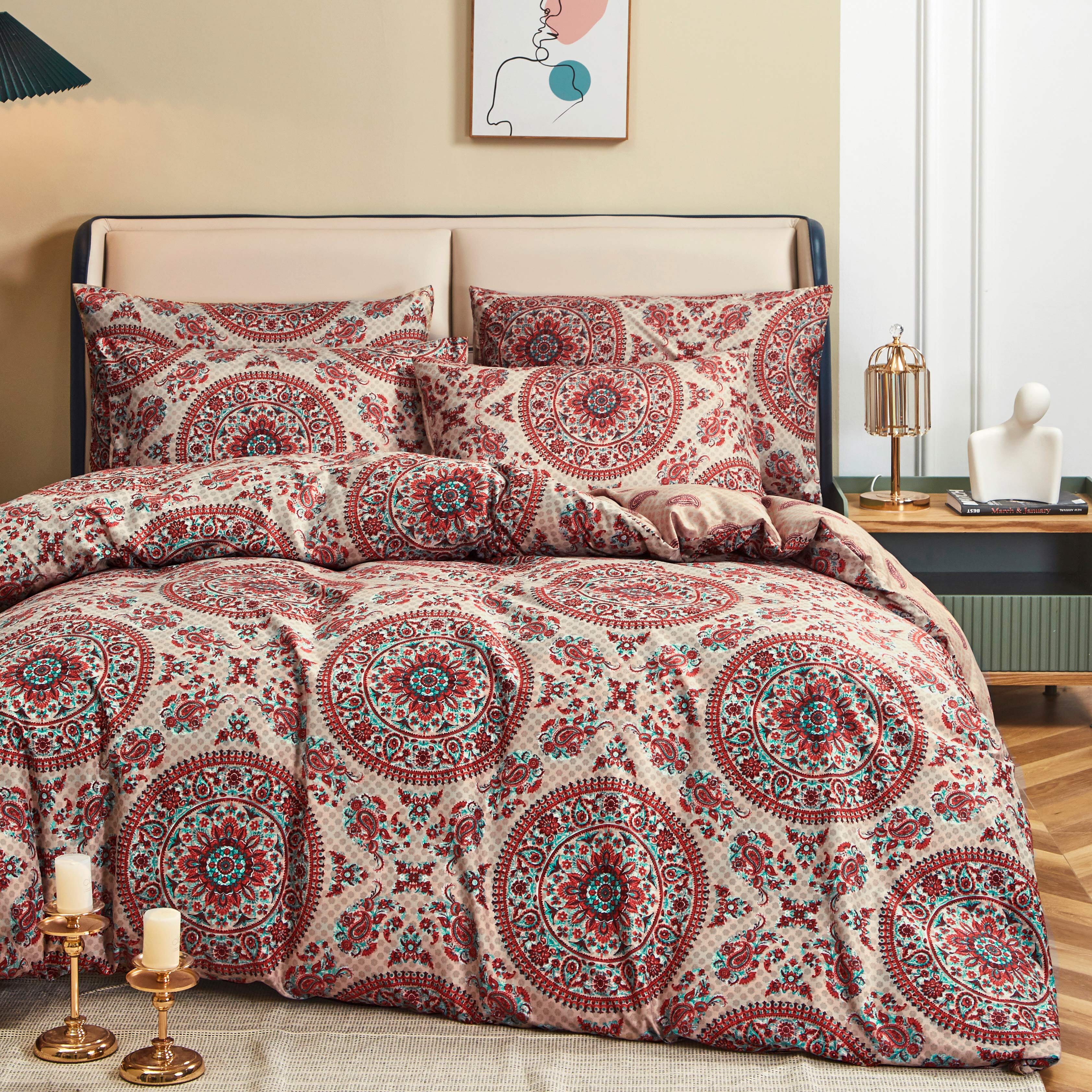 Tache Bohemian Desert Medallion Boteh Paisley Orange Blue Taupe Reversible Duvet Cover (TJ3502) - Tache Home Fashion