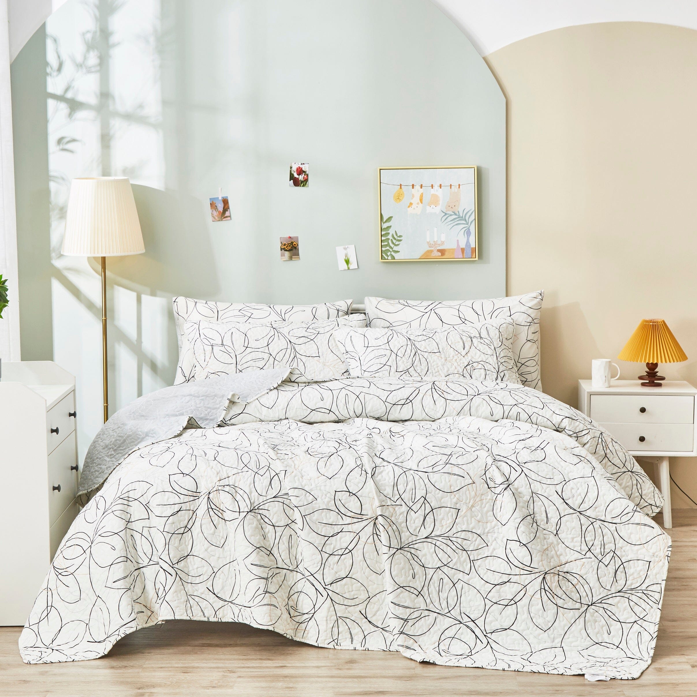 Tache Modern Abstract Leaf Line Art Foliage White Grey Black Gold Reversible Quilt Set (TJ3571-Q) - Tache Home Fashion