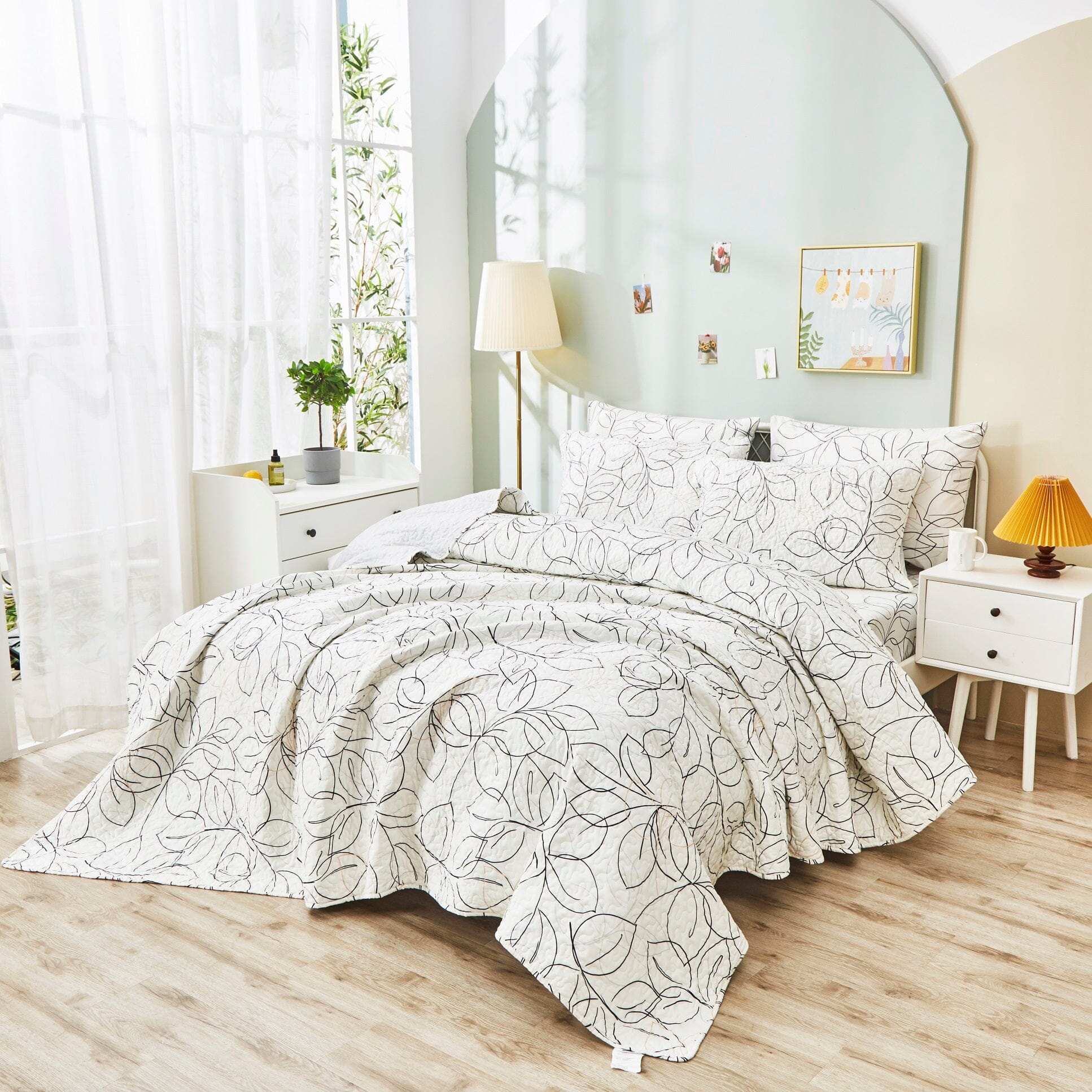 Tache Modern Abstract Leaf Line Art Foliage White Grey Black Gold Reversible Quilt Set (TJ3571-Q) - Tache Home Fashion