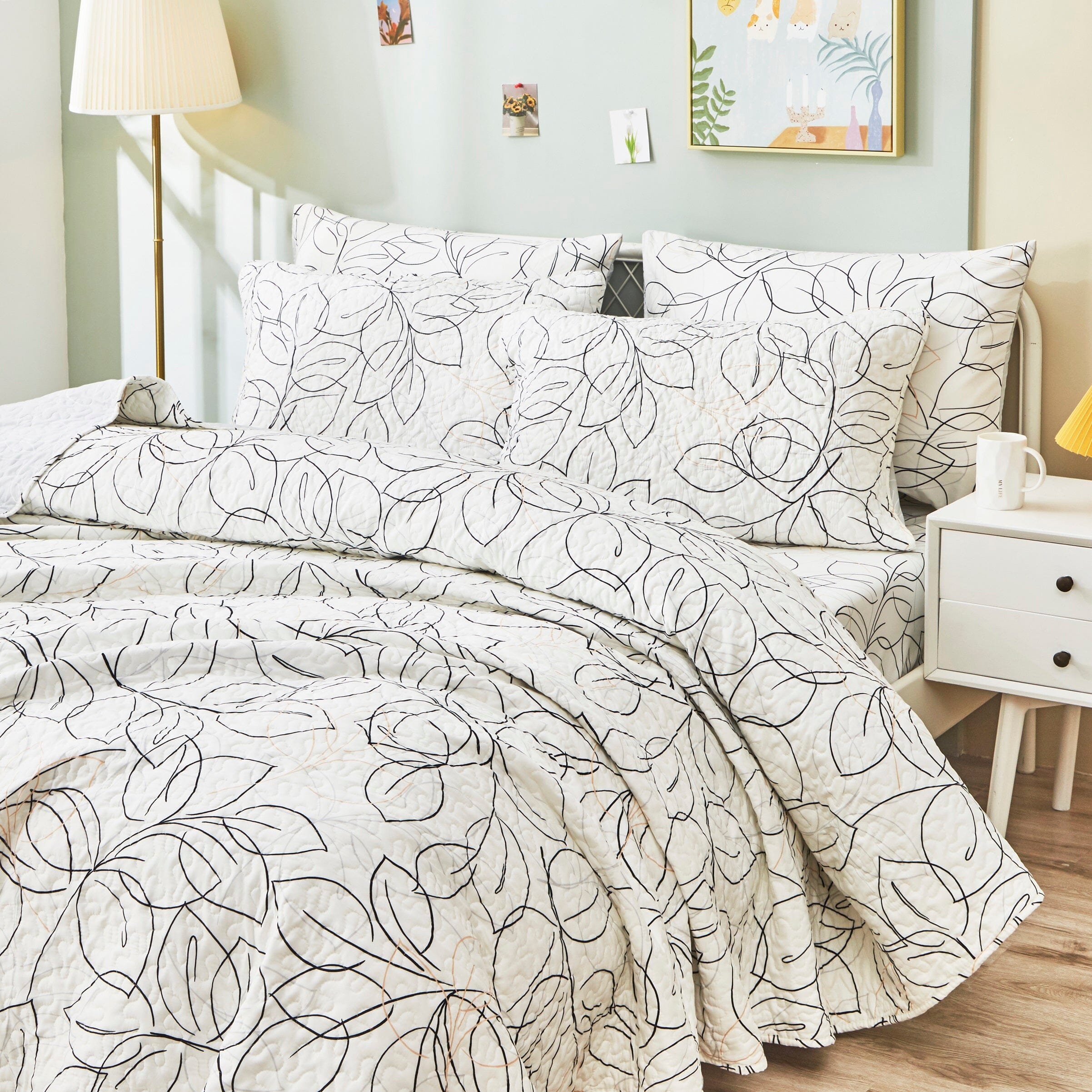 Tache Modern Abstract Leaf Line Art Foliage White Grey Black Gold Reversible Quilt Set (TJ3571-Q) - Tache Home Fashion