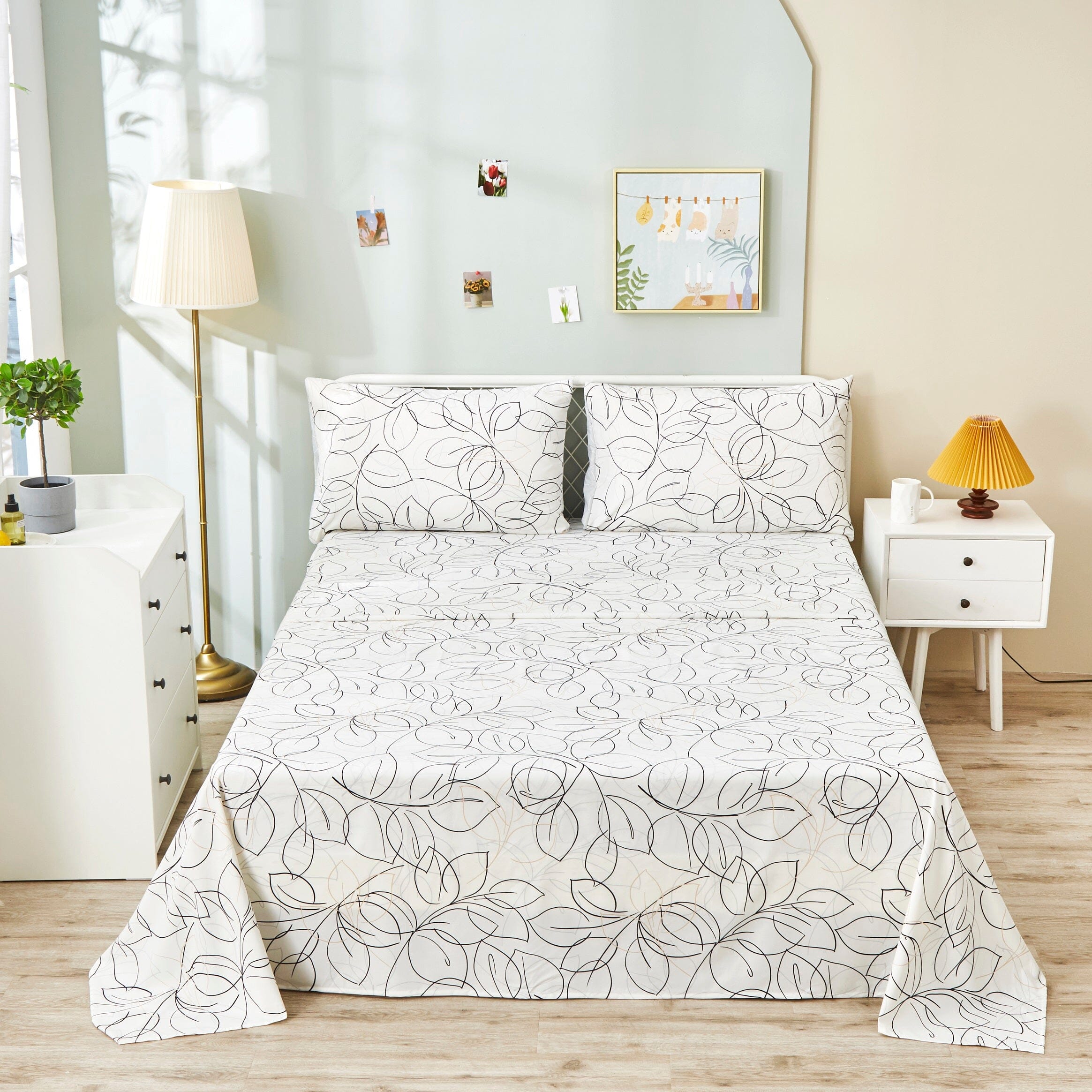 Tache Modern Abstract Leaf Line Art Foliage White Grey Black Gold Flat Sheet Only (TJ3571) - Tache Home Fashion