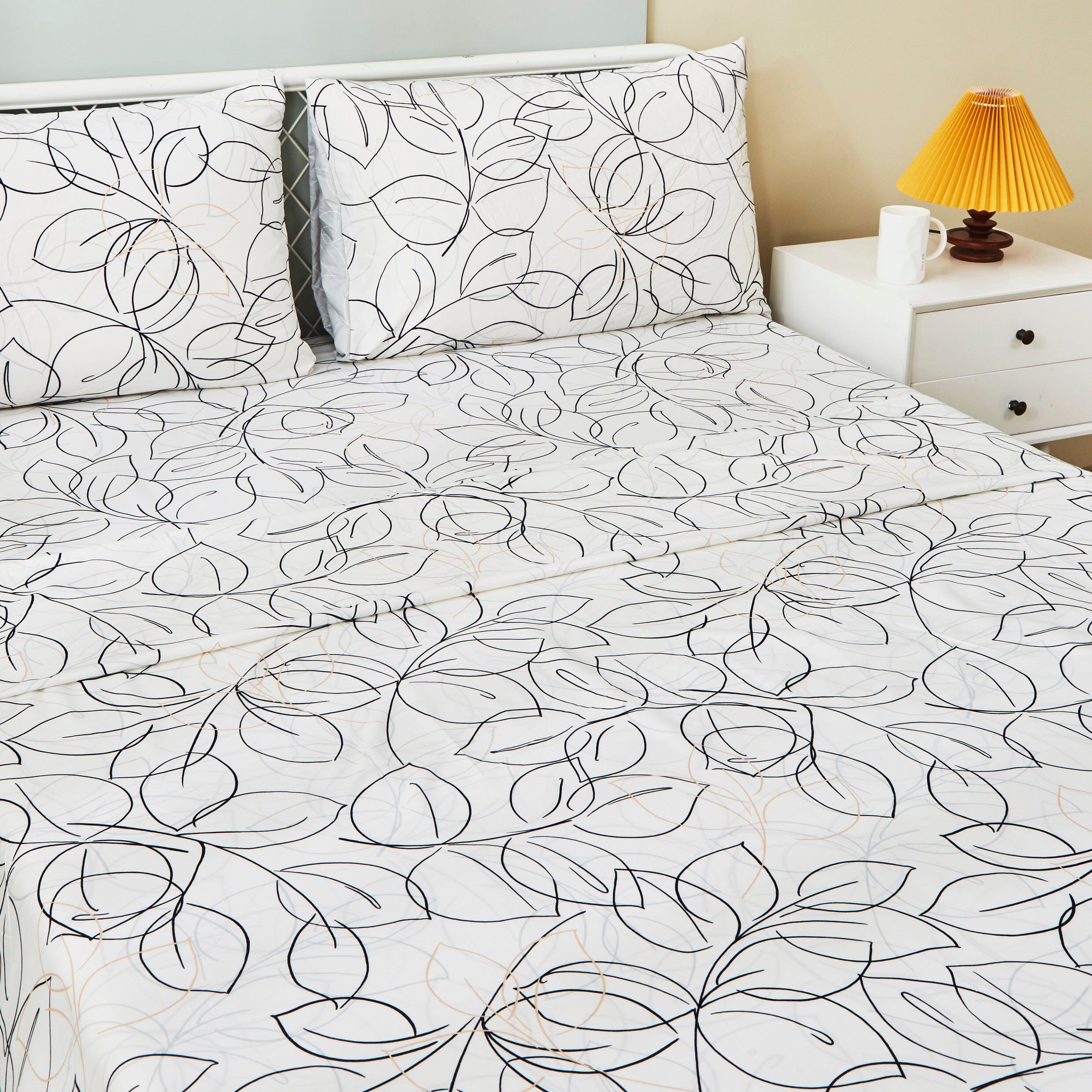 Tache Modern Abstract Leaf Line Art Foliage White Grey Black Gold Flat Sheet Only (TJ3571) - Tache Home Fashion