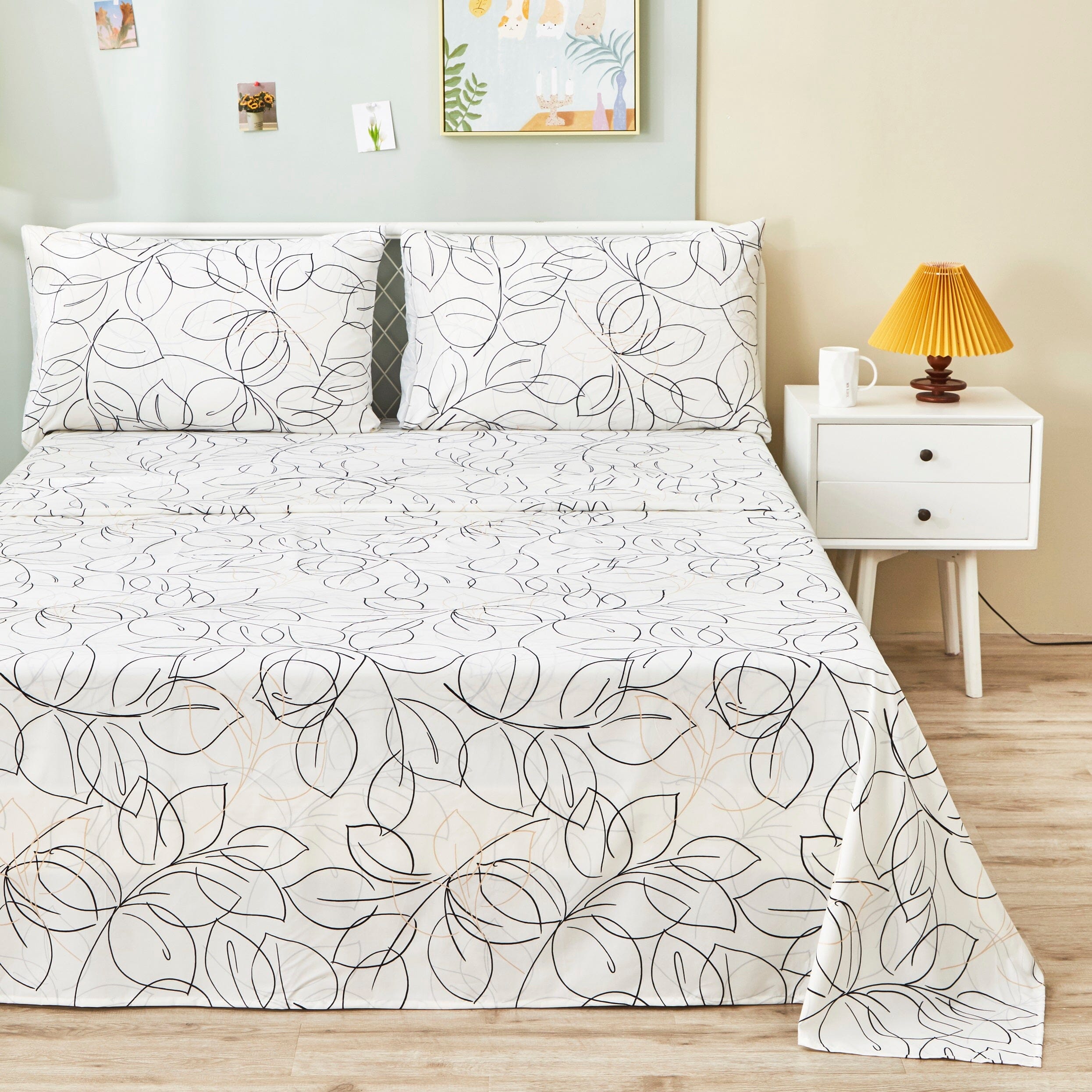 Tache Modern Abstract Leaf Line Art Foliage White Grey Black Gold Flat Sheet Only (TJ3571) - Tache Home Fashion