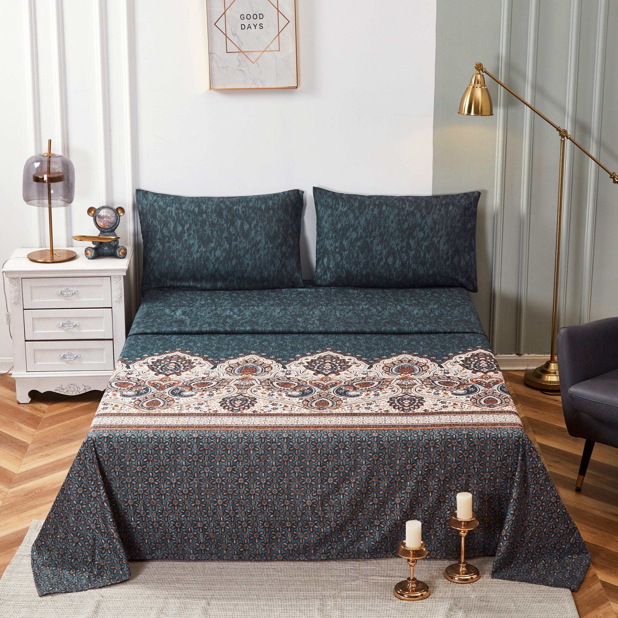 Tache Rustic Paisley Mandala Palace Floral Watercolor Dark Teal Flat Sheet (KF174) - Tache Home Fashion