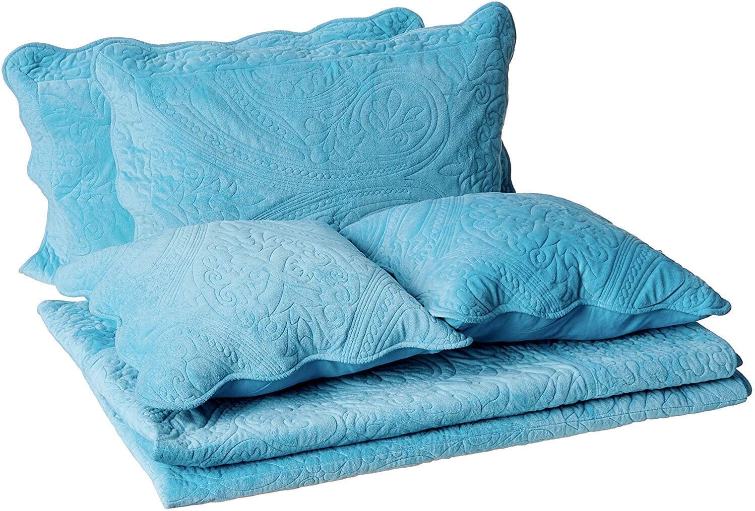 Tache Super Soft Blue Scalloped Magic Carpet Quilted Fleece Bedspread Set (DXJ109042-2) - Tache Home Fashion