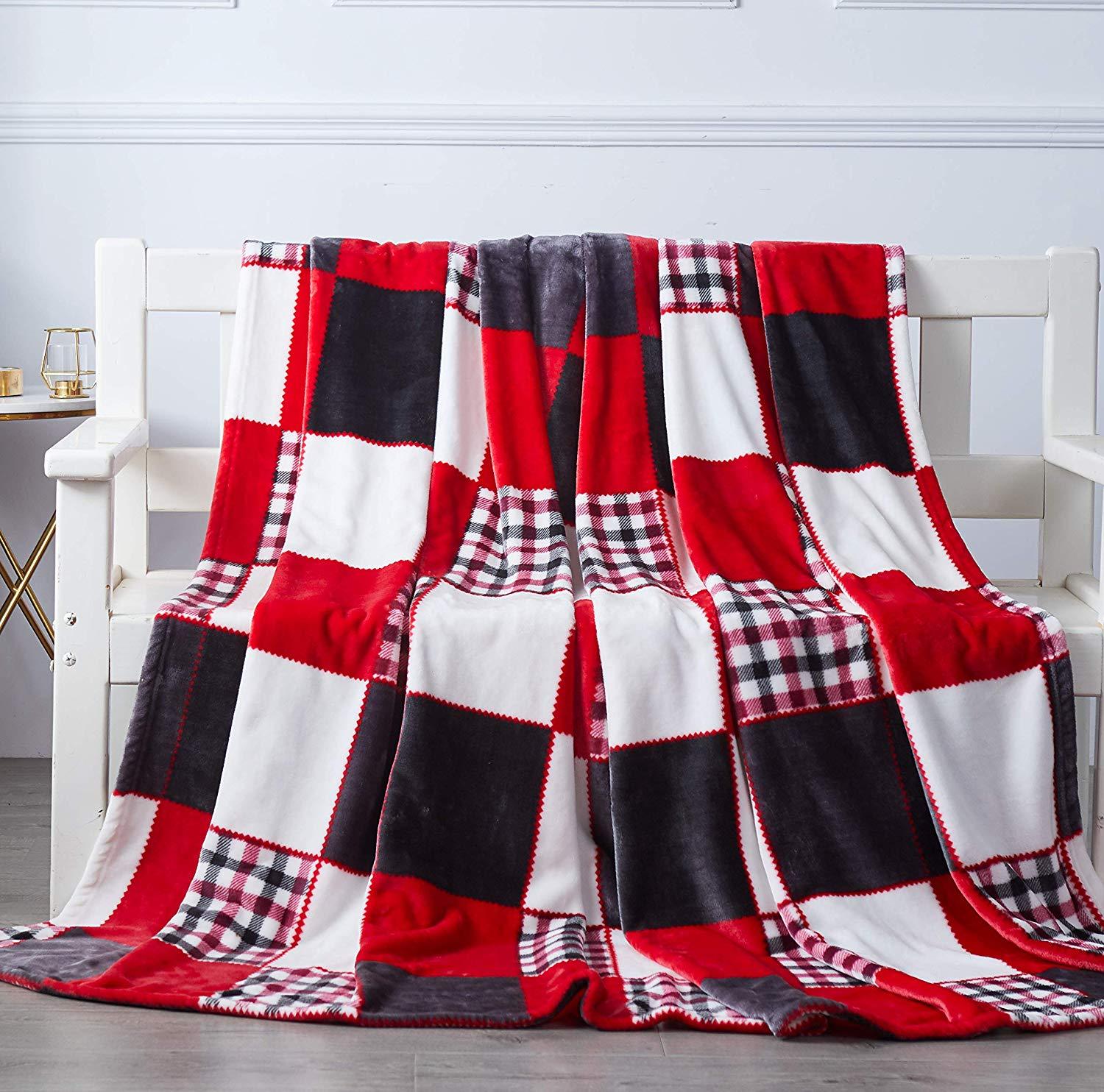 Tache Holiday Red Farmhouse Plaid Patchwork Flannel Throw Blanket (4025) - Tache Home Fashion