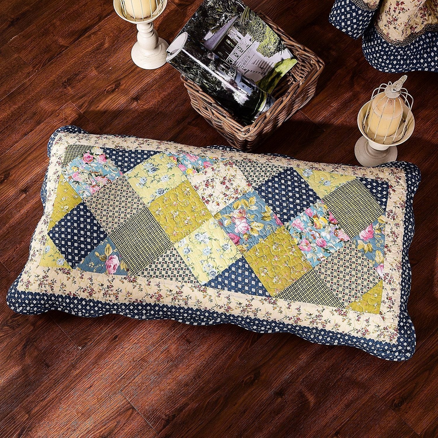 Tache Spring Shower Olive Green Navy Blue Floral Scalloped Cotton Patchwork Quilt Set (DXJ10077) - Tache Home Fashion