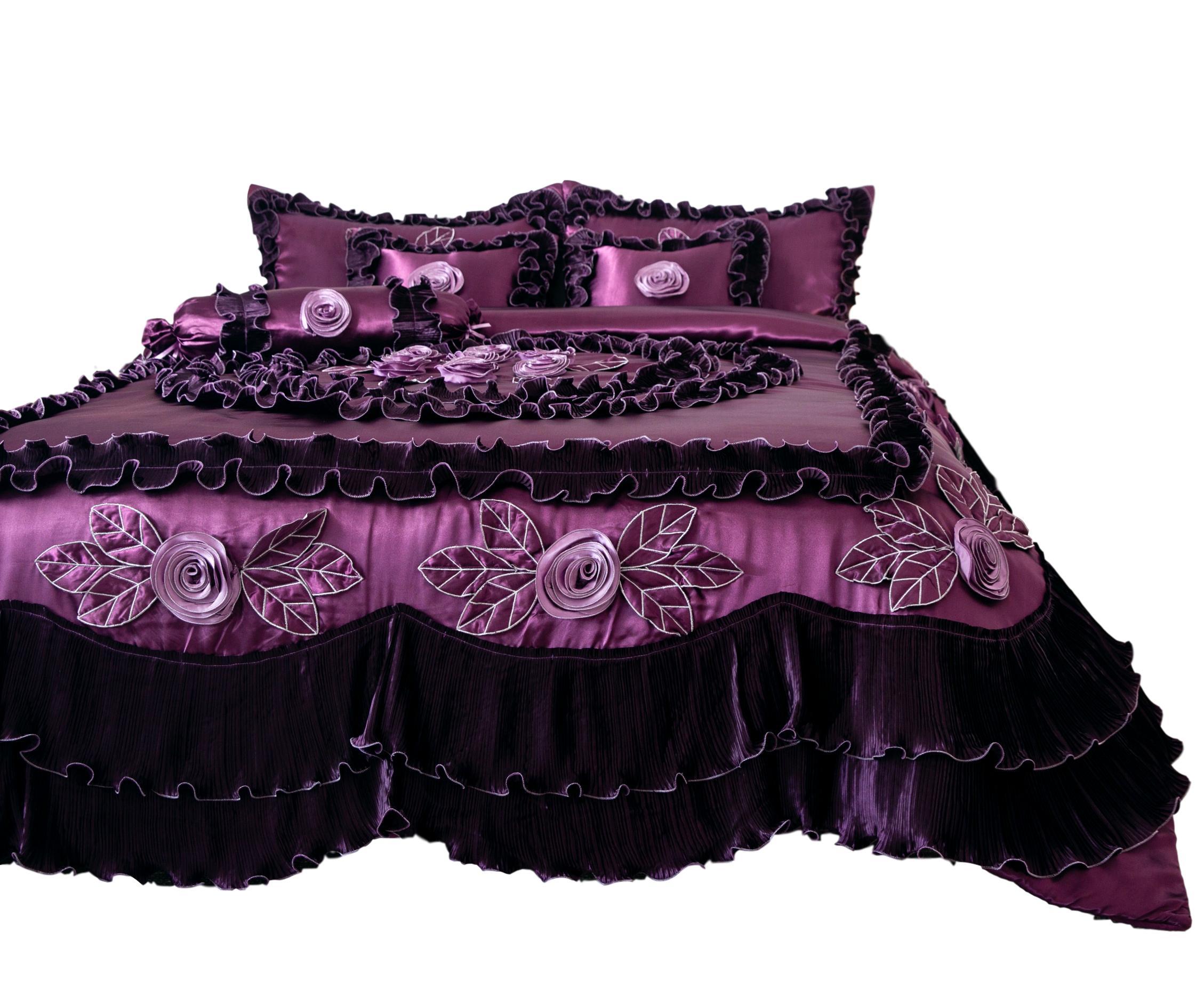 Tache Satin Ruffle Dark Purple Floral Midnight Bloom Comforter (BM-6438) - Tache Home Fashion