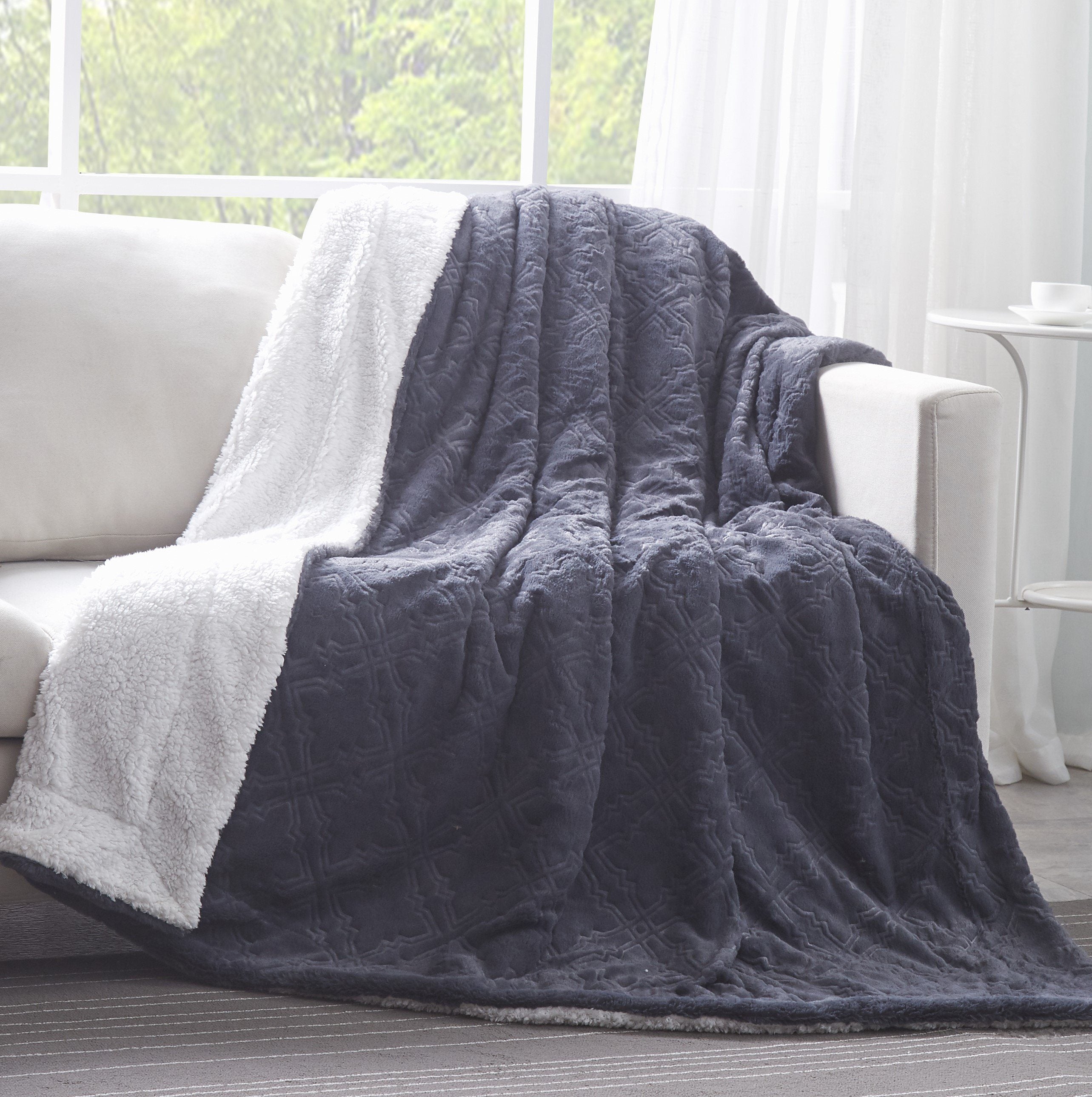 Tache Faux Fur Steel Navy Blue Diamond Trellis Pattern Throw Blanket (3390) - Tache Home Fashion