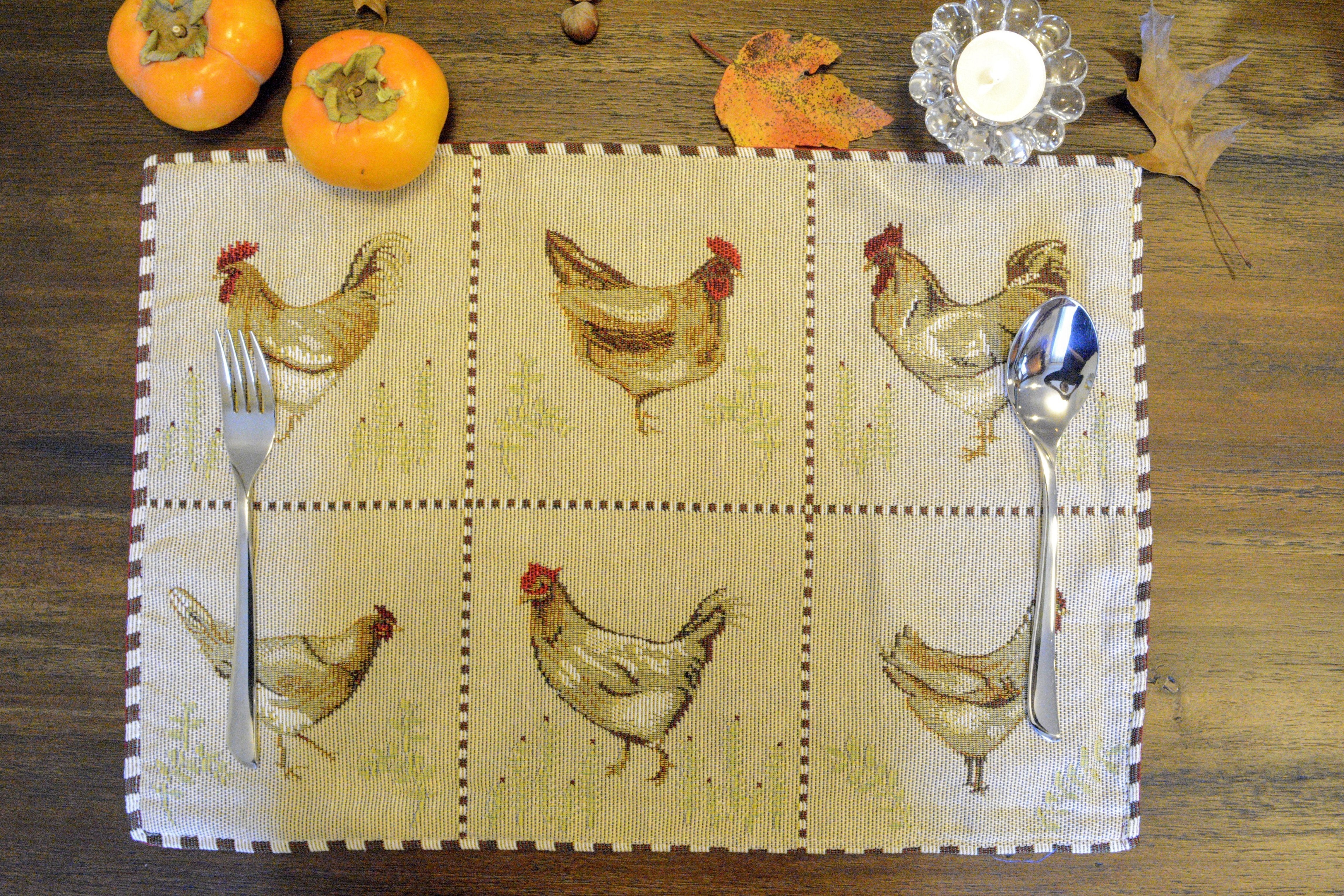 Tache Country Farmhouse Rooster Hens Woven Tapestry Placemat Set (13139PM) - Tache Home Fashion