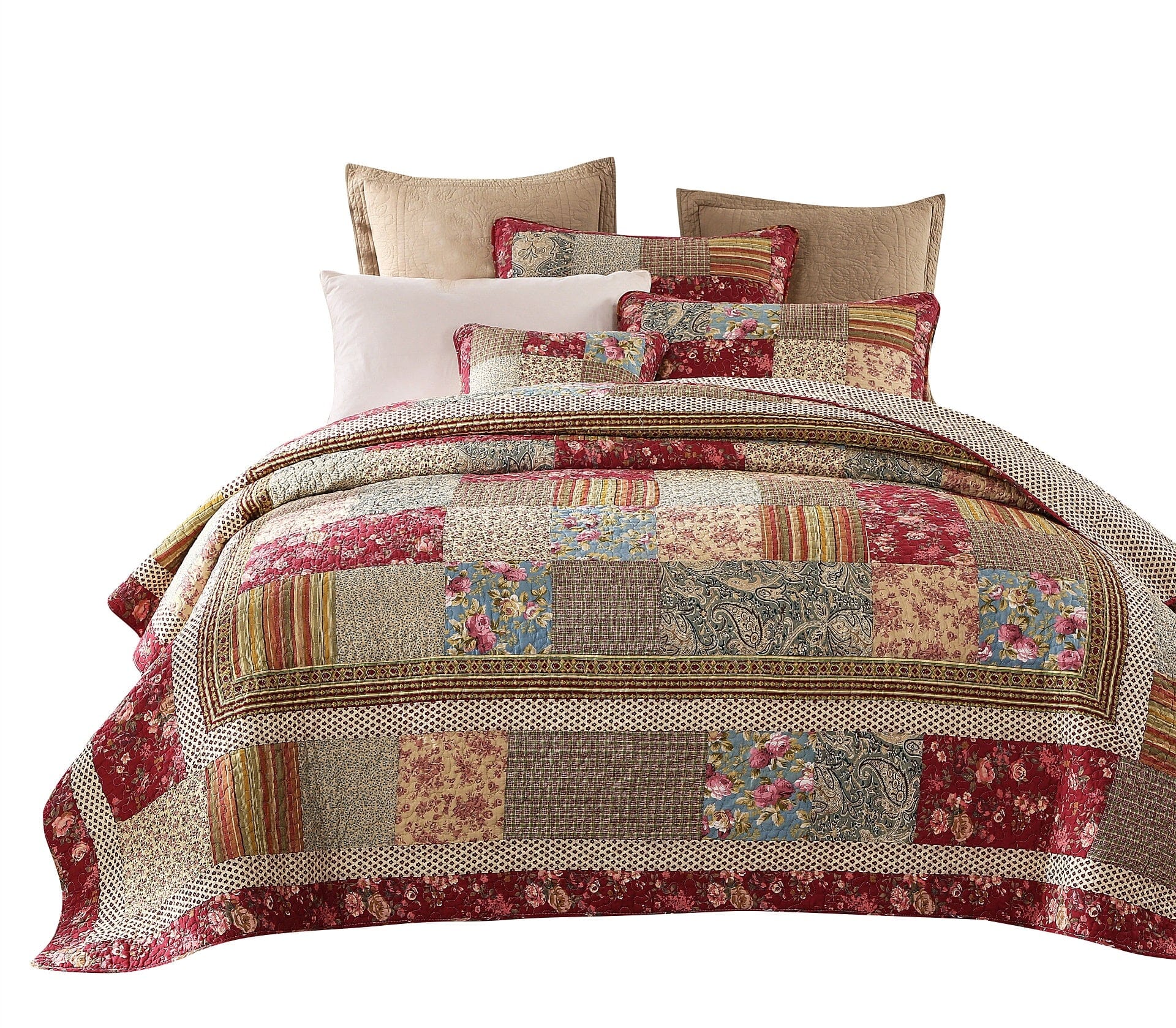 Tache Fairy Tale Tea Party Beige Burgundy Paisley Floral Cotton Patchwork Quilt Set (DXJ103443) - Tache Home Fashion