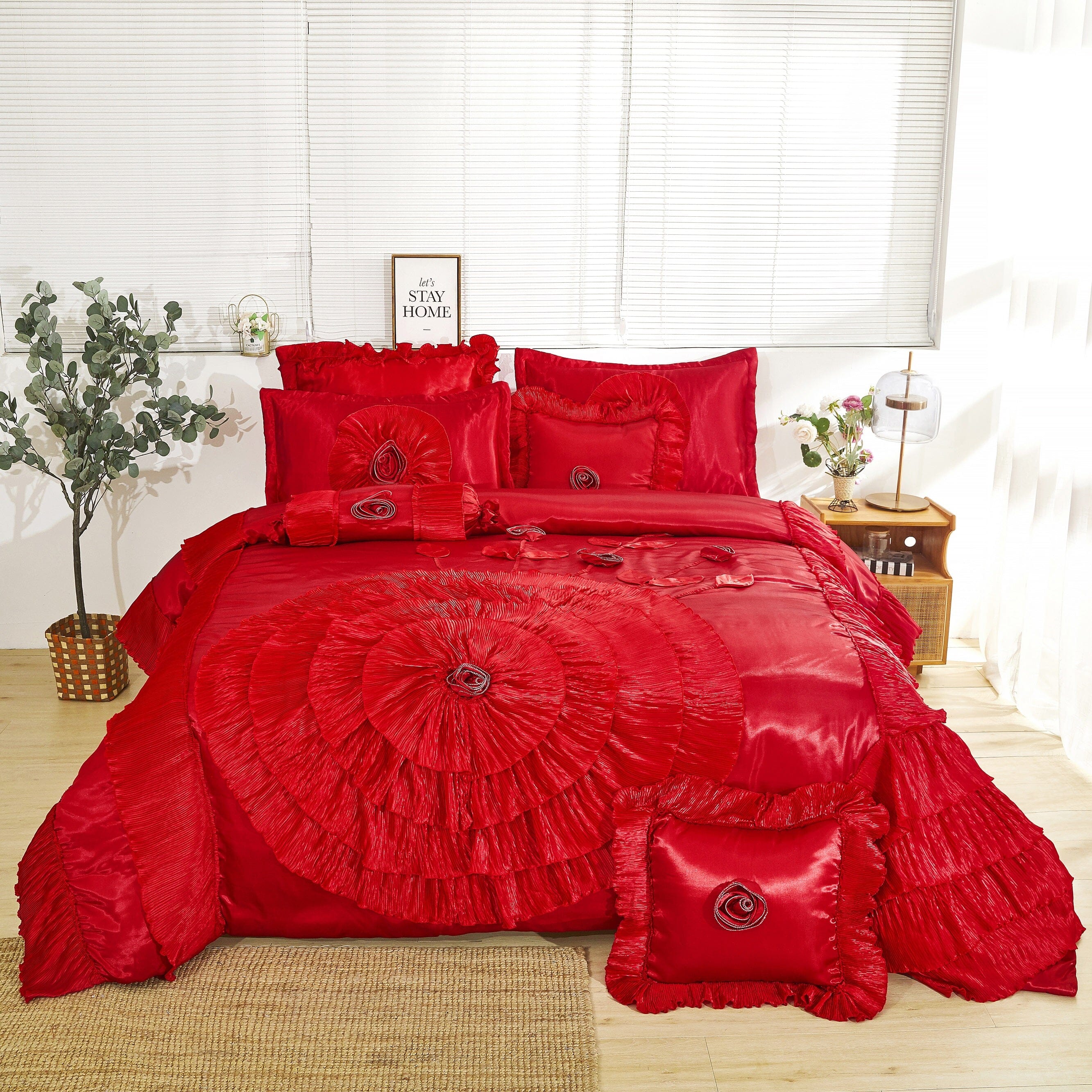 Tache Satin Ruffle Victorian Glam Romantic Red Rose Comforter Set (HY4174) - Tache Home Fashion