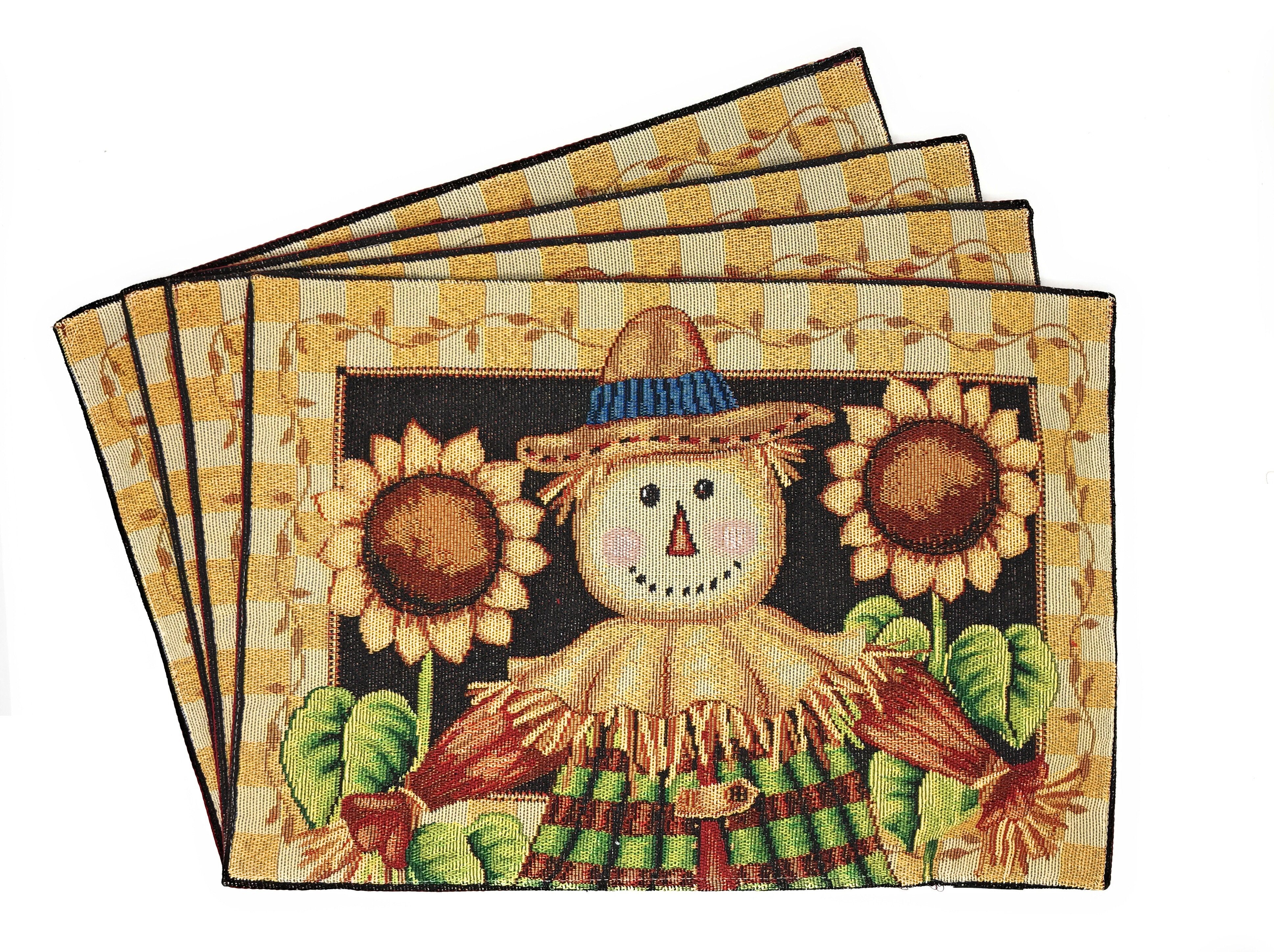 Tache Sunflower Field Scarecrow Autumn Harvest Woven Tapestry Placemat Set of 4 (11712PM) - Tache Home Fashion
