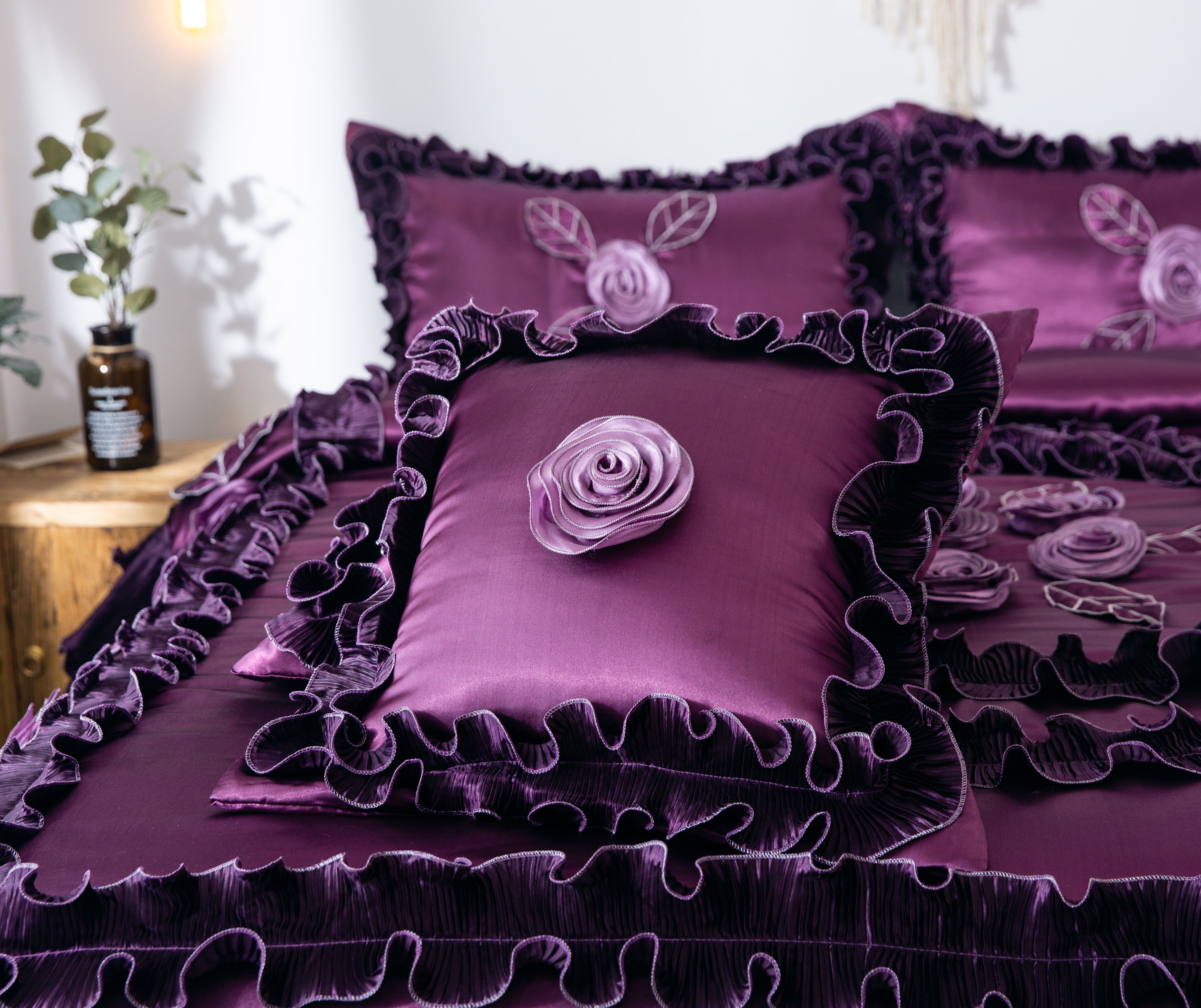 Tache Satin Ruffle Dark Purple Floral Midnight Bloom Comforter (BM-6438) - Tache Home Fashion