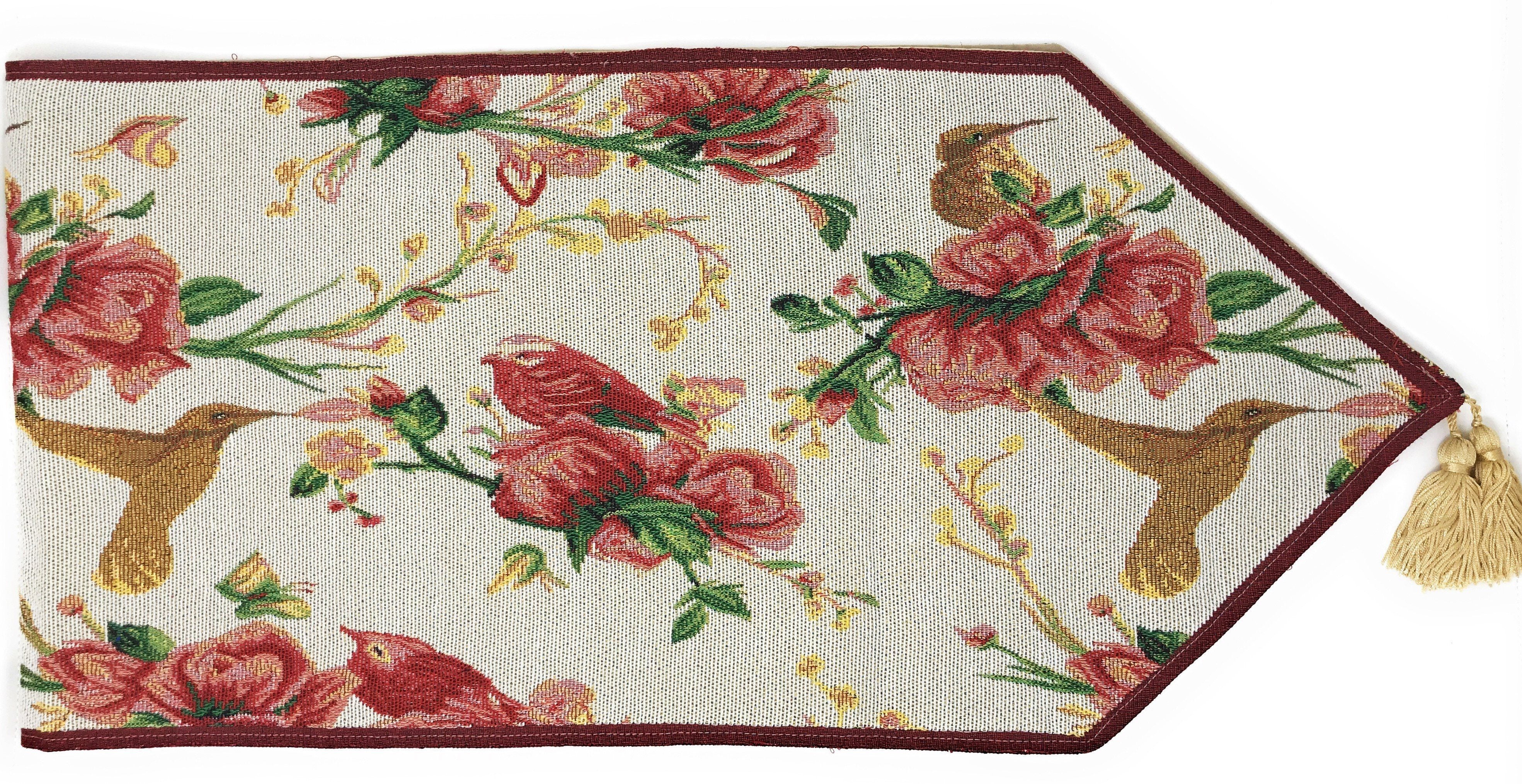 Tache Floral Red Roses Hummingbirds Ivory Woven Tapestry Table Runner (18109) - Tache Home Fashion