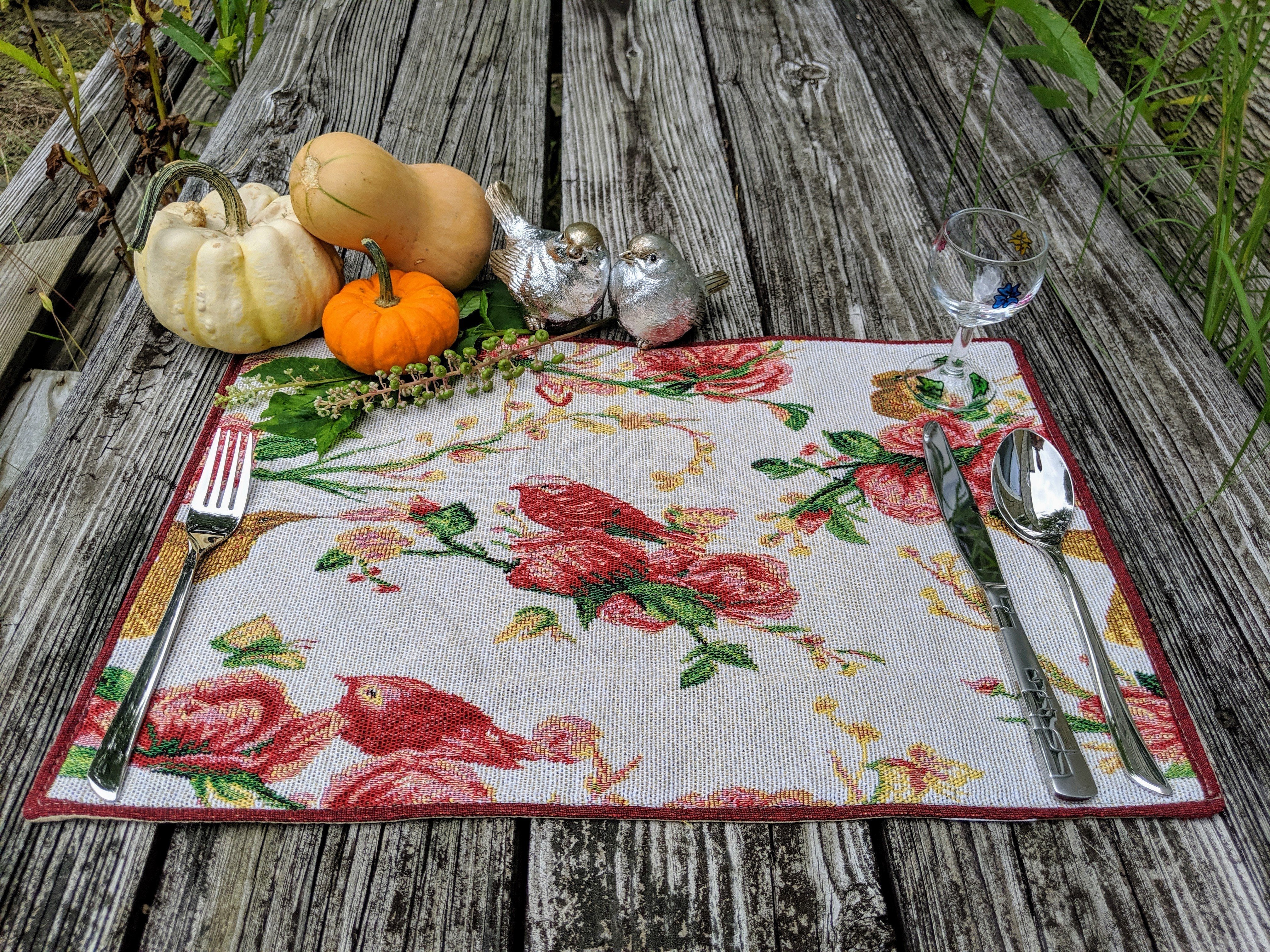 Tache Floral Red Roses Hummingbirds Woven Tapestry Placemat Set (18109) - Tache Home Fashion
