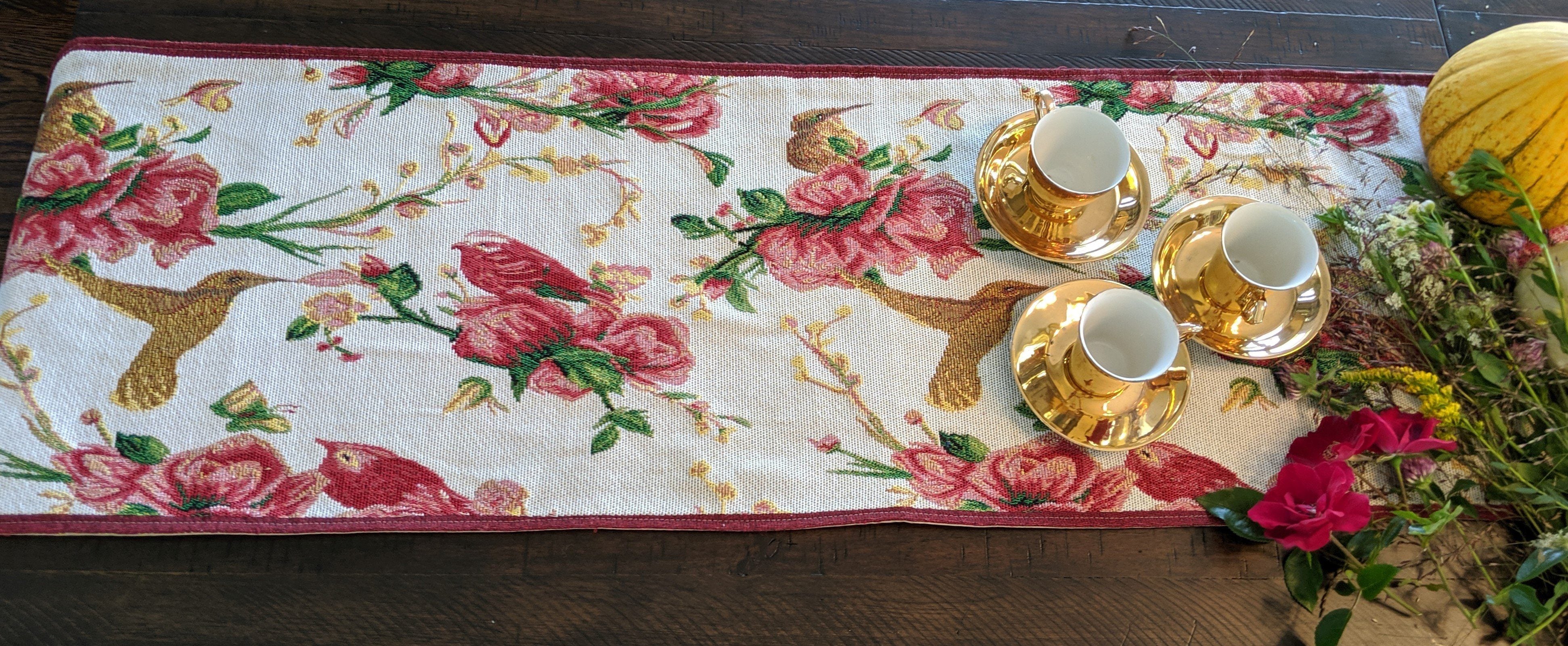 Tache Floral Red Roses Hummingbirds Ivory Woven Tapestry Table Runner (18109) - Tache Home Fashion