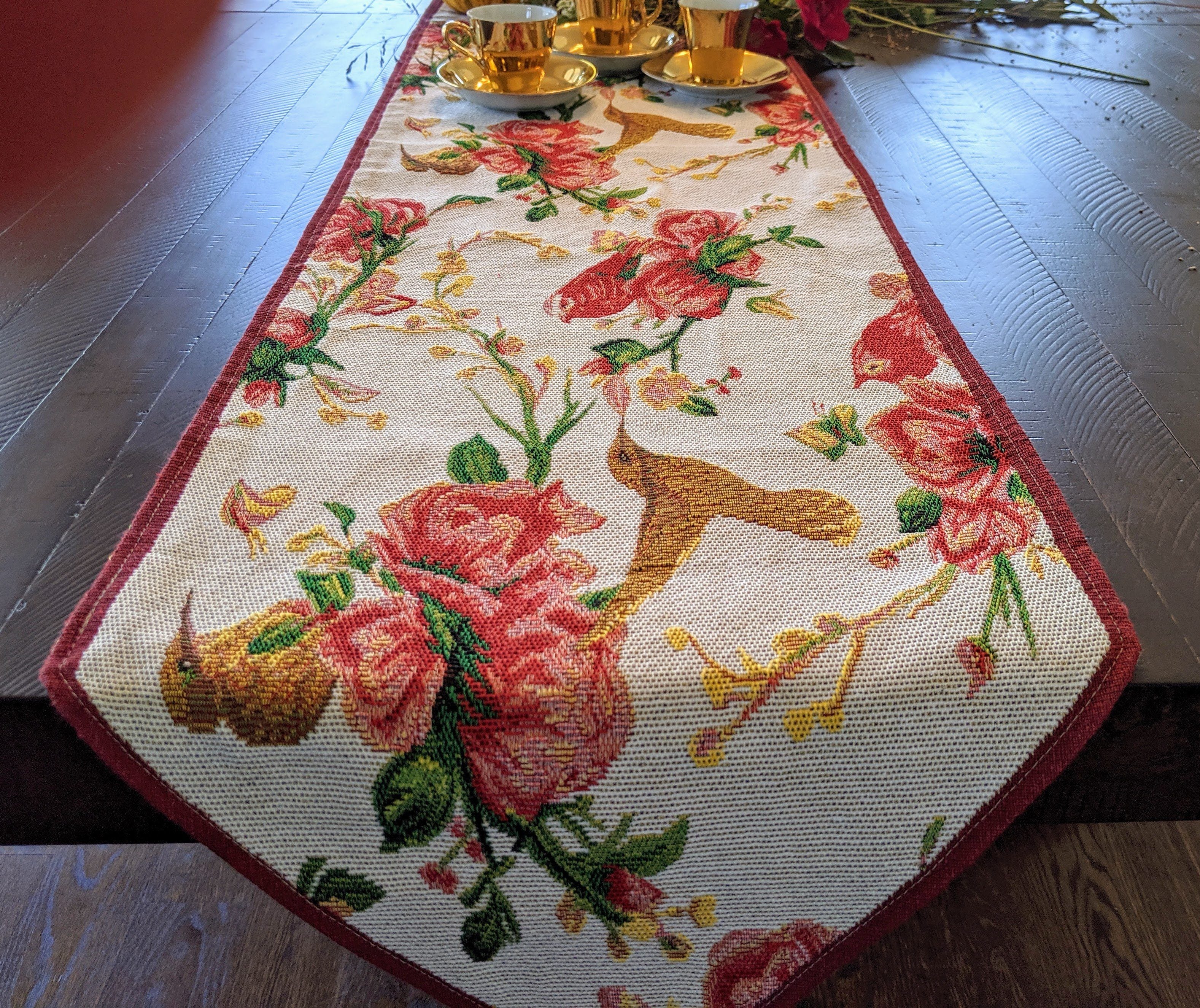 Tache Floral Red Roses Hummingbirds Ivory Woven Tapestry Table Runner (18109) - Tache Home Fashion