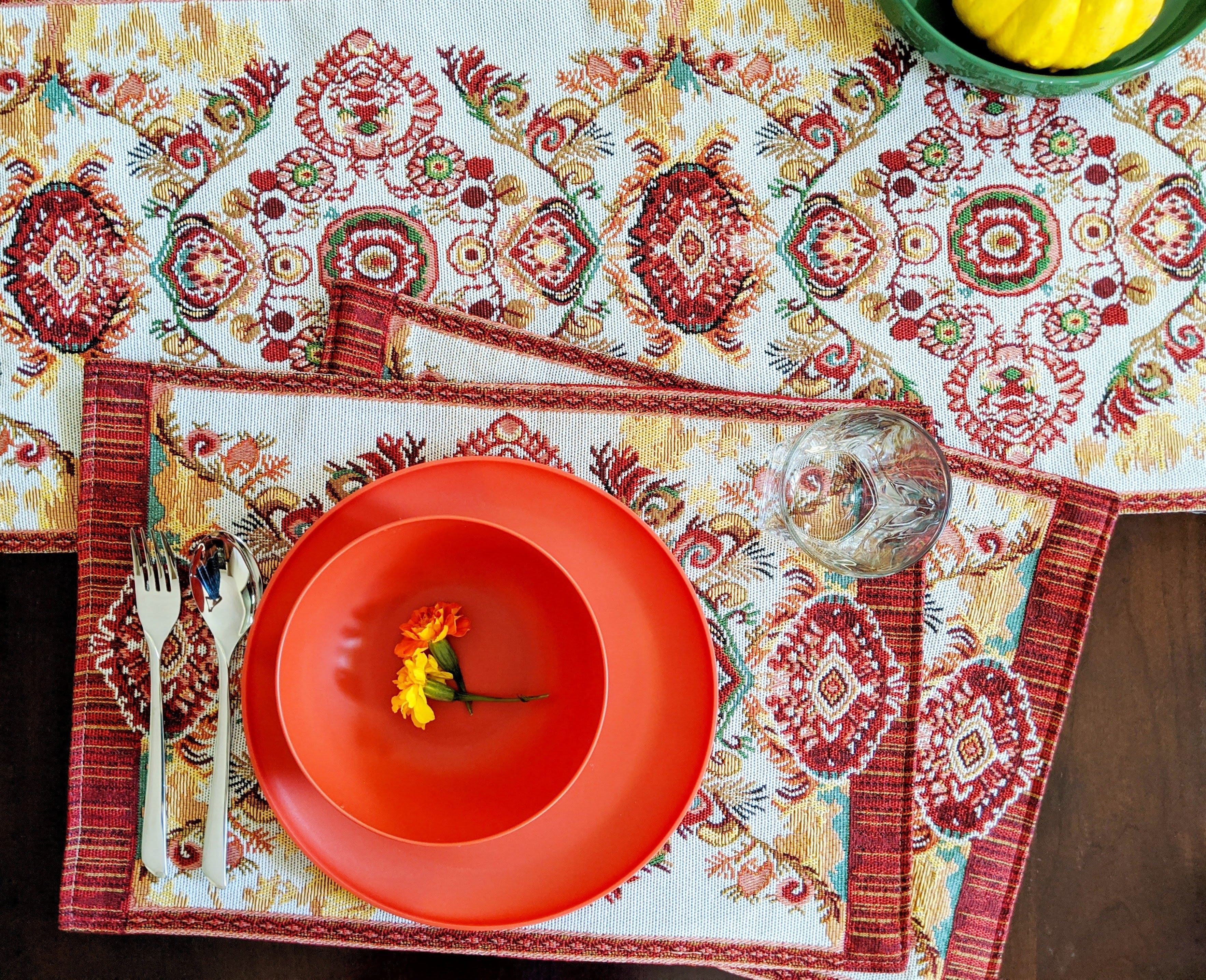 Tache Elegant Burgundy Ornate Paisley Woven Tapestry Placemat Set (18194) - Tache Home Fashion 
Orange, Red Yellow Place Mat Table Mat Fall Autumn Thanksgiving Kitchen Decoration