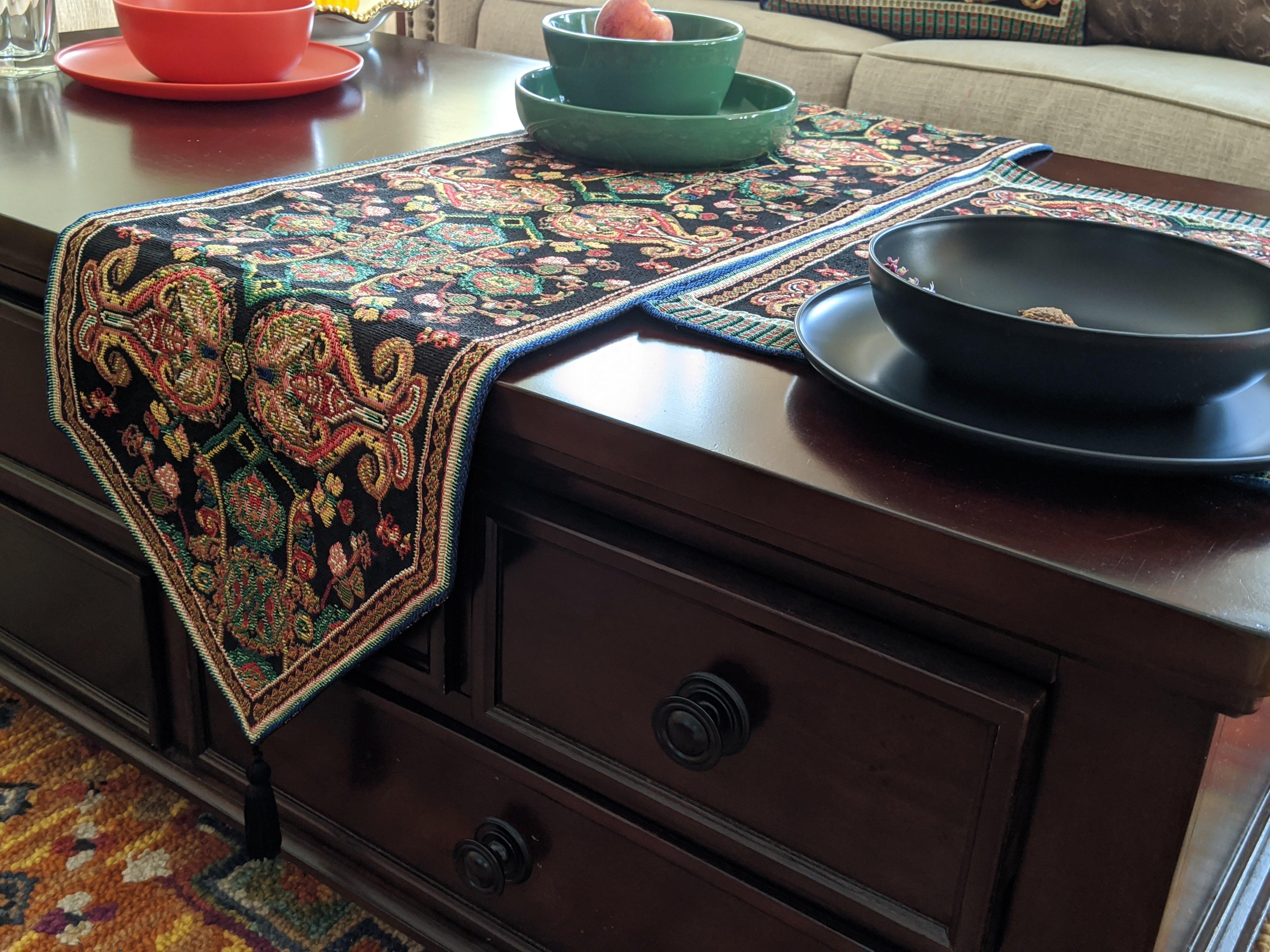 Tache Elegant Black Ornate Paisley Woven Tapestry Table Runner (18192) - Tache Home Fashion