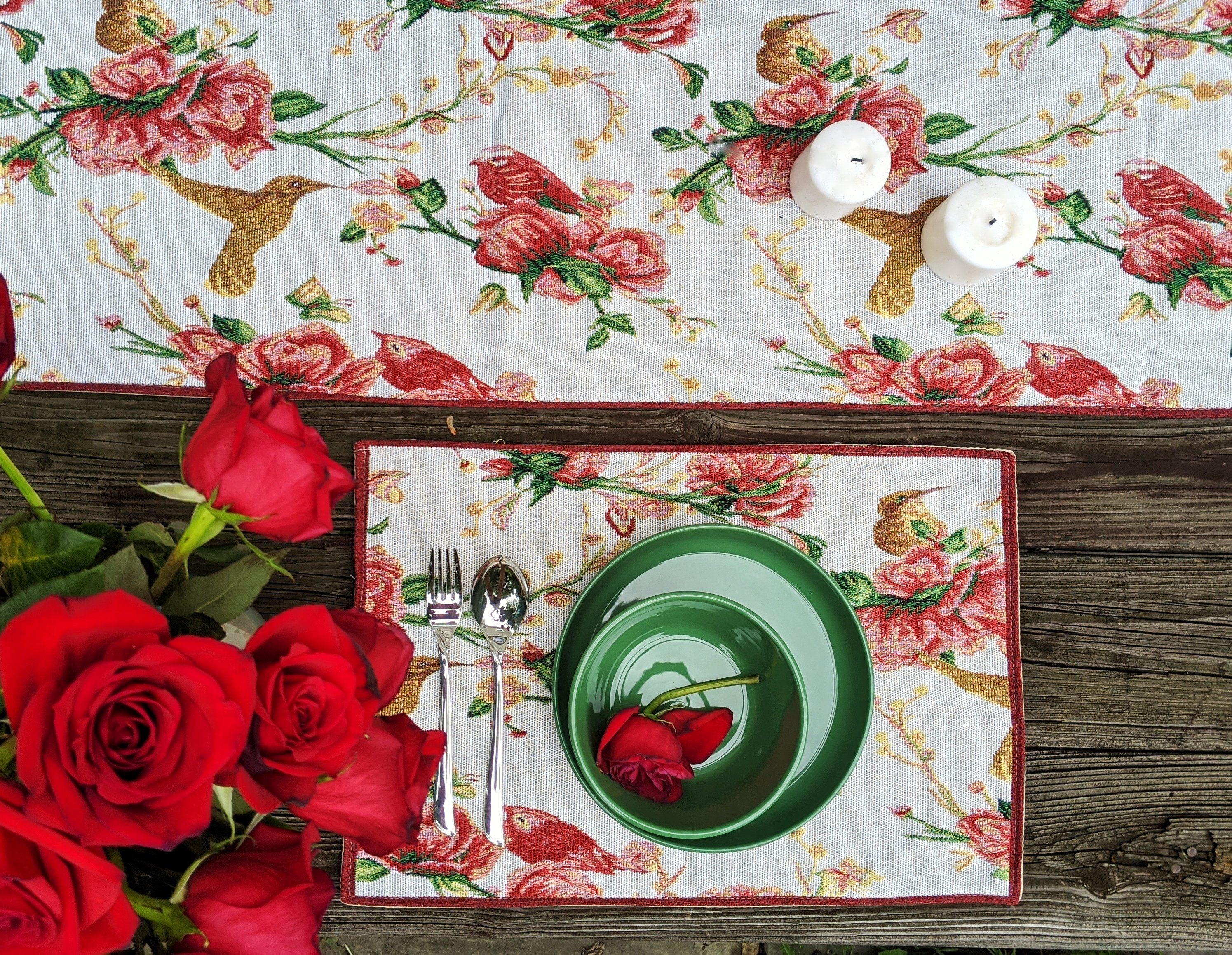 Tache Floral Red Roses Hummingbirds Woven Tapestry Placemat Set (18109) - Tache Home Fashion
