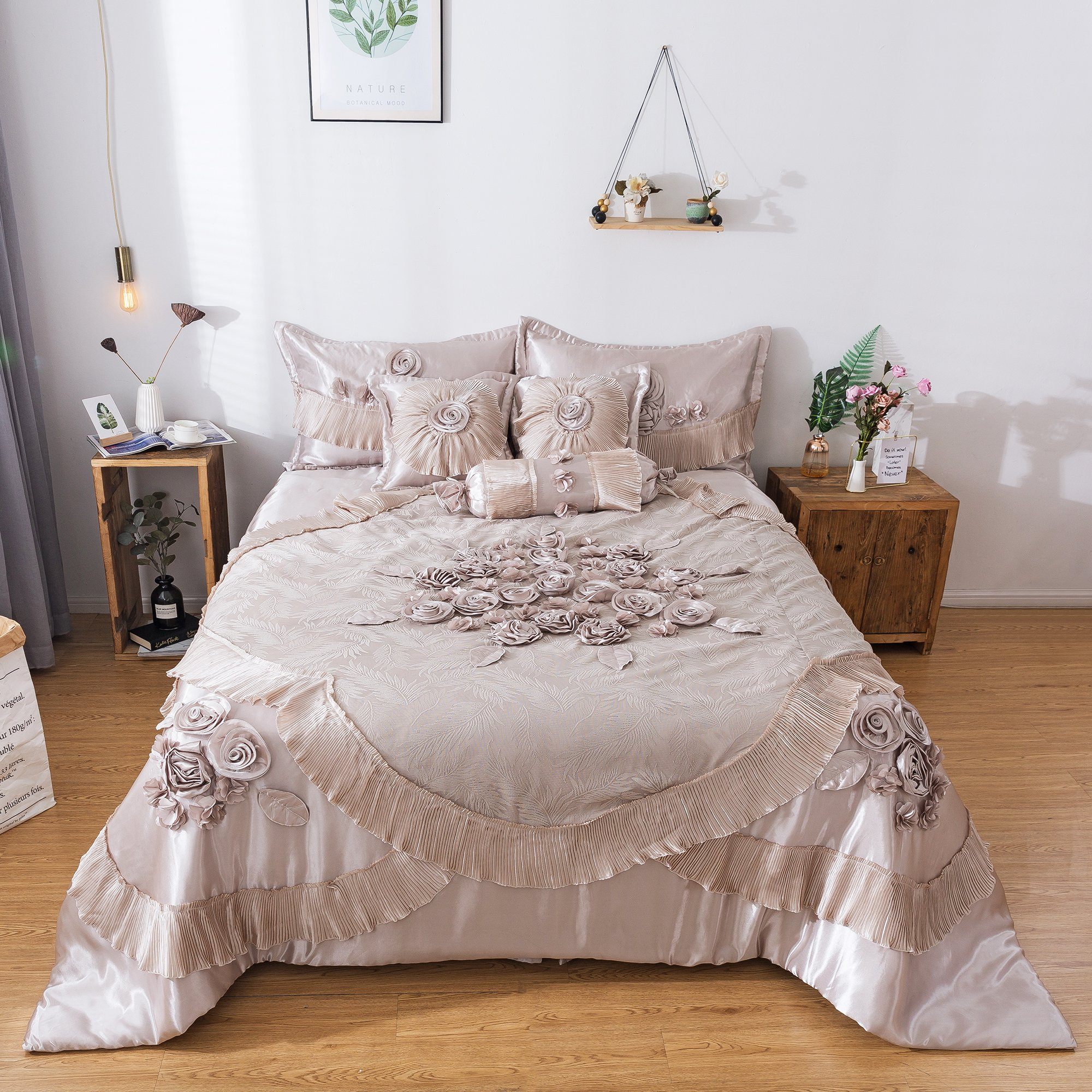 Tache Satin Floral Lace Ruffle Crème Beige Sweet Victorian Luxurious Comforter Set (MZ002C) - Tache Home Fashion